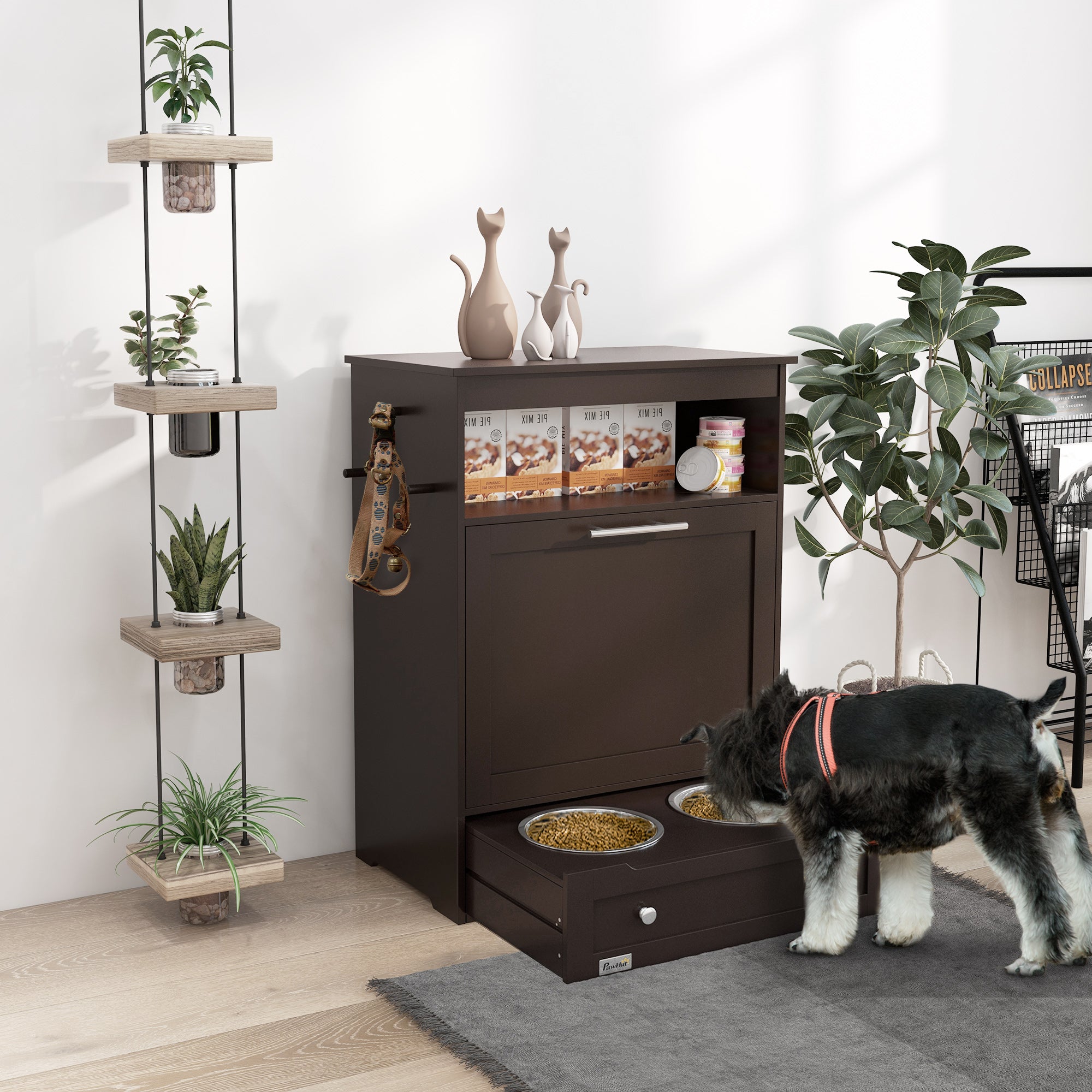 PawHut Dog Feeding Station, Dog Food Storage Pet Feeder Cabinet Container with Dog Raised Bowls and Hanger for Feeding & Watering Supplies, Brown