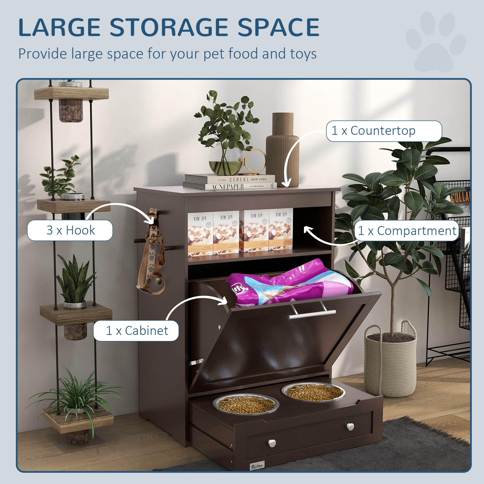 PawHut Dog Feeding Station, Dog Food Storage Pet Feeder Cabinet Container with Dog Raised Bowls and Hanger for Feeding & Watering Supplies, Brown