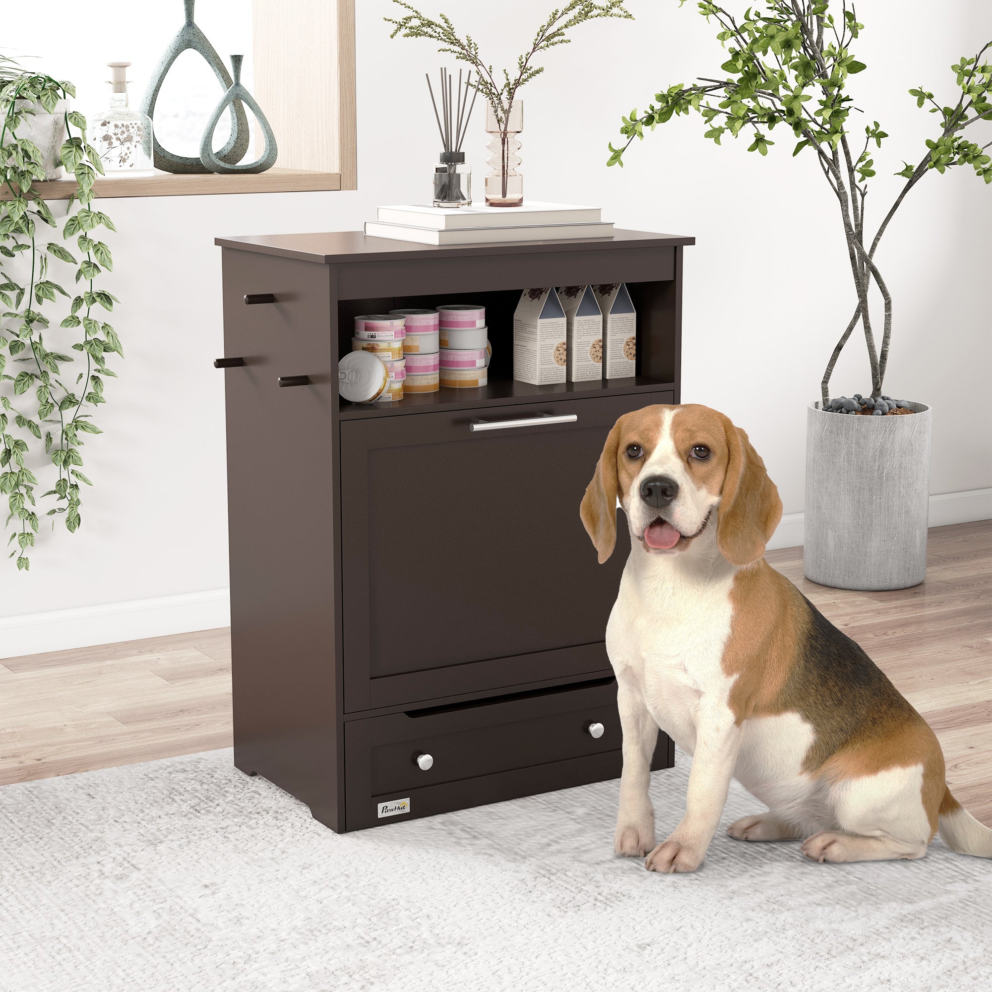 PawHut Dog Feeding Station, Dog Food Storage Pet Feeder Cabinet Container with Dog Raised Bowls and Hanger for Feeding & Watering Supplies, Brown