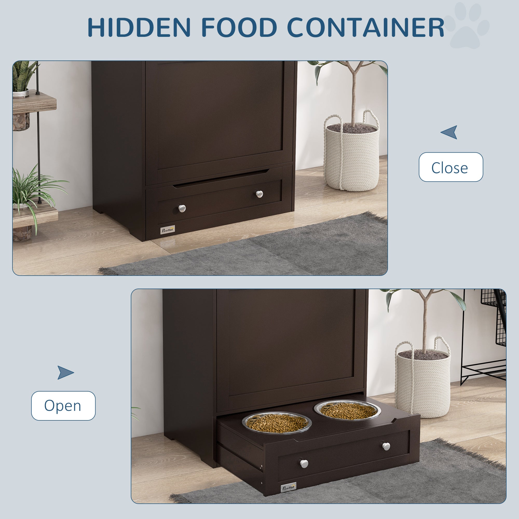 PawHut Dog Feeding Station, Dog Food Storage Pet Feeder Cabinet Container with Dog Raised Bowls and Hanger for Feeding & Watering Supplies, Brown