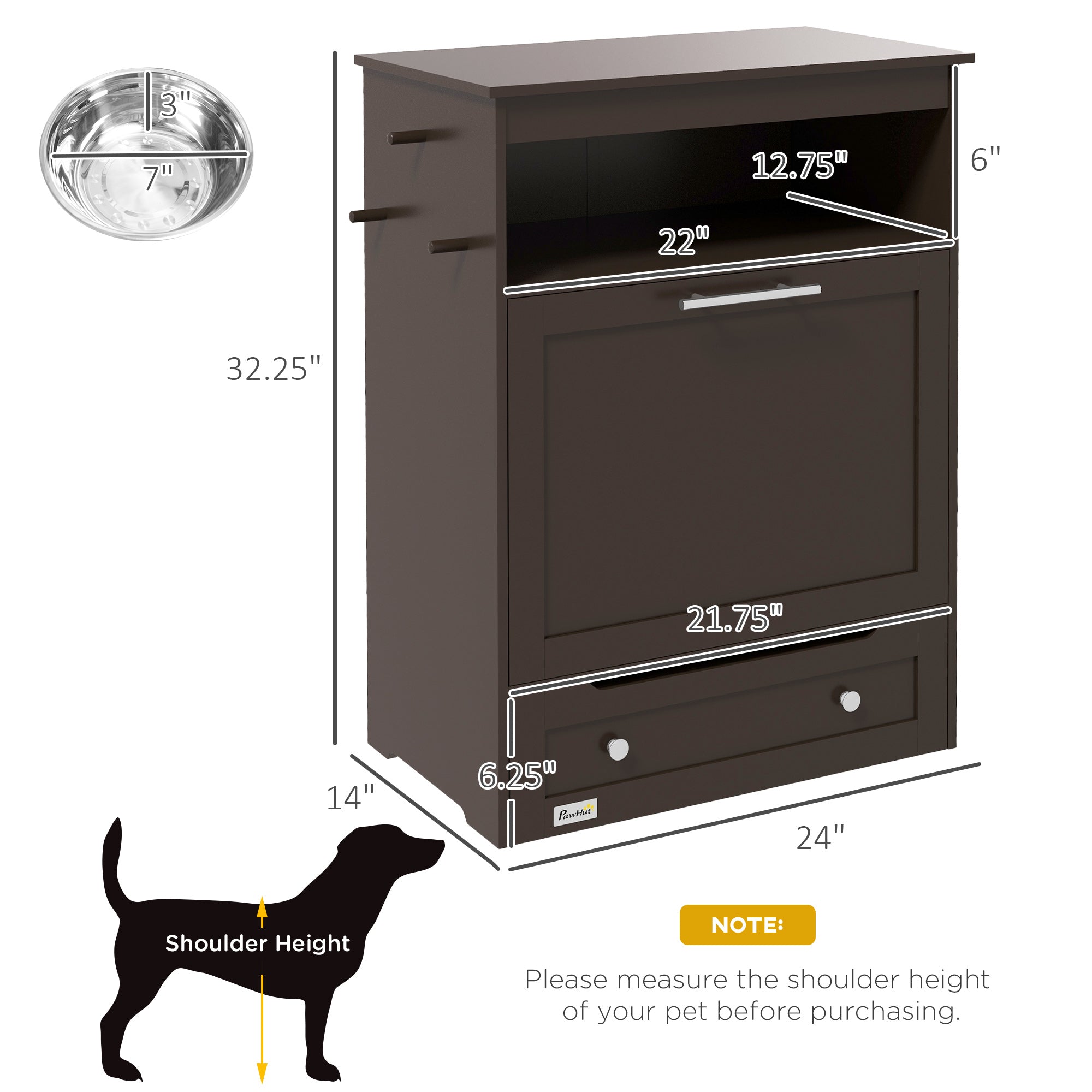 PawHut Dog Feeding Station, Dog Food Storage Pet Feeder Cabinet Container with Dog Raised Bowls and Hanger for Feeding & Watering Supplies, Brown