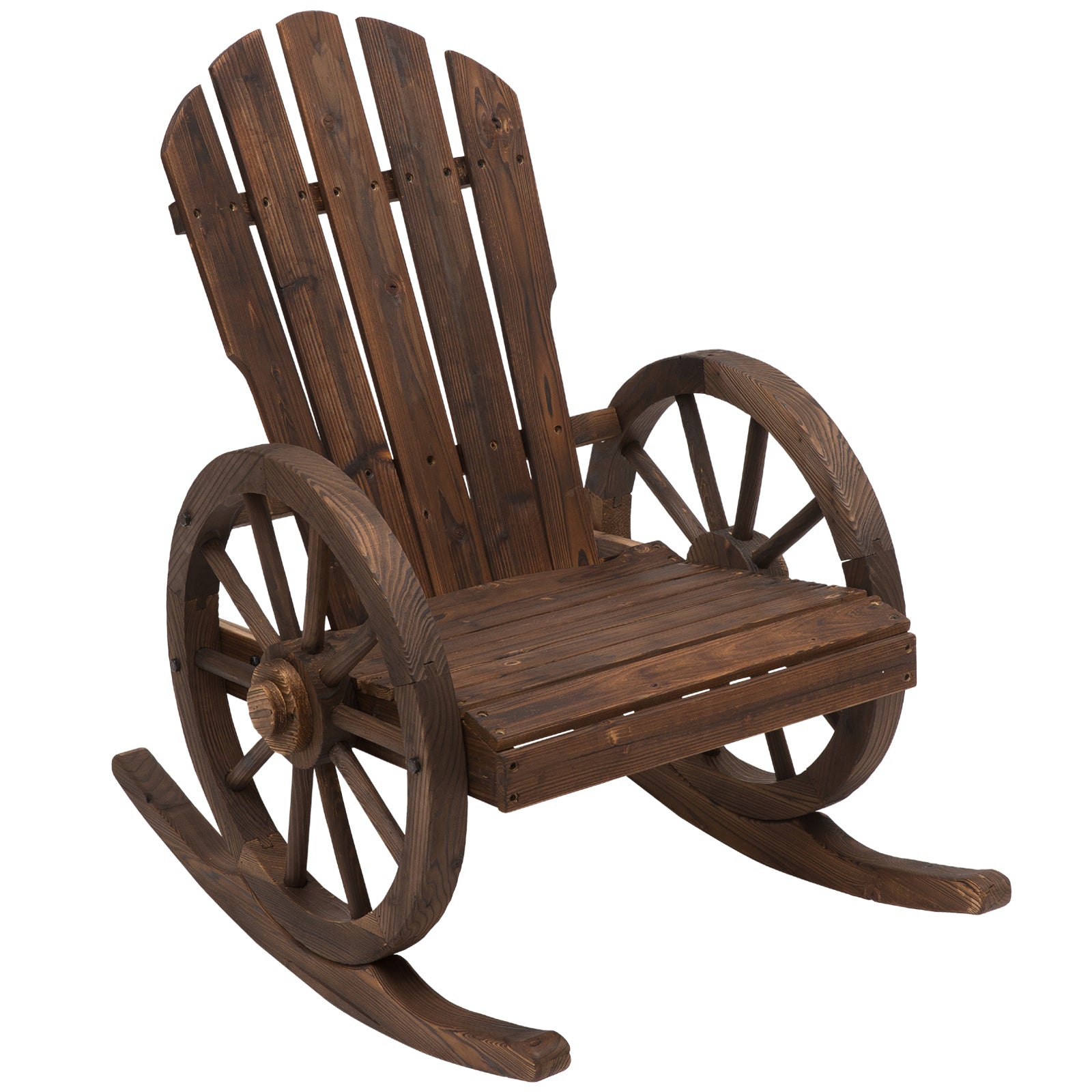 Outsunny Patio Wooden Adirondack Rocking Chair, Wagon Outdoor Rocker Chair with Slatted Design and Wheel Armrests for Porch, Poolside, or Garden Lounging, Carbonized Wood Colour