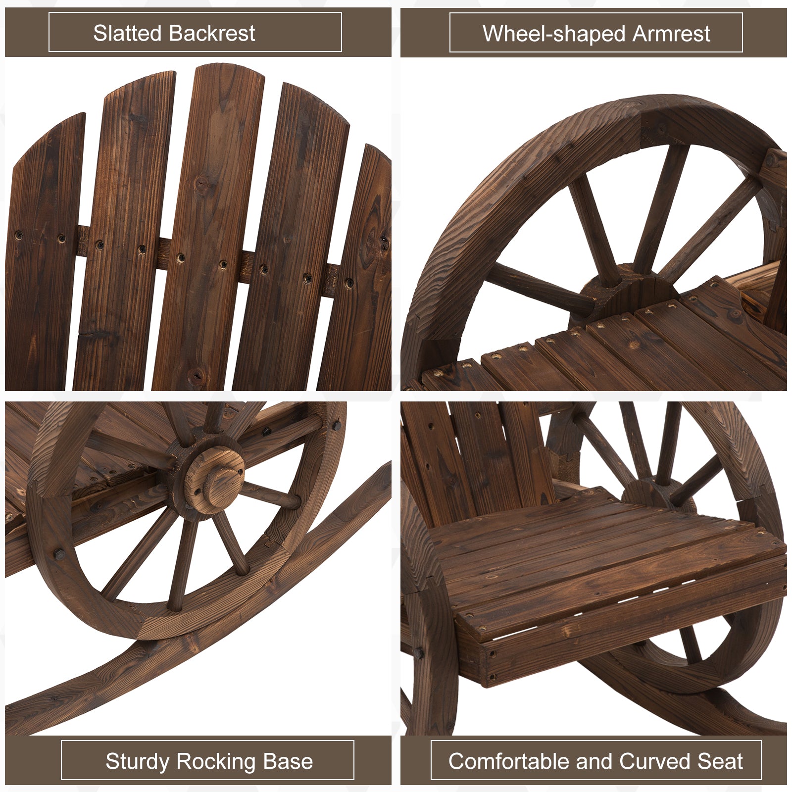 Outsunny Patio Wooden Adirondack Rocking Chair, Wagon Outdoor Rocker Chair with Slatted Design and Wheel Armrests for Porch, Poolside, or Garden Lounging, Carbonized Wood Colour