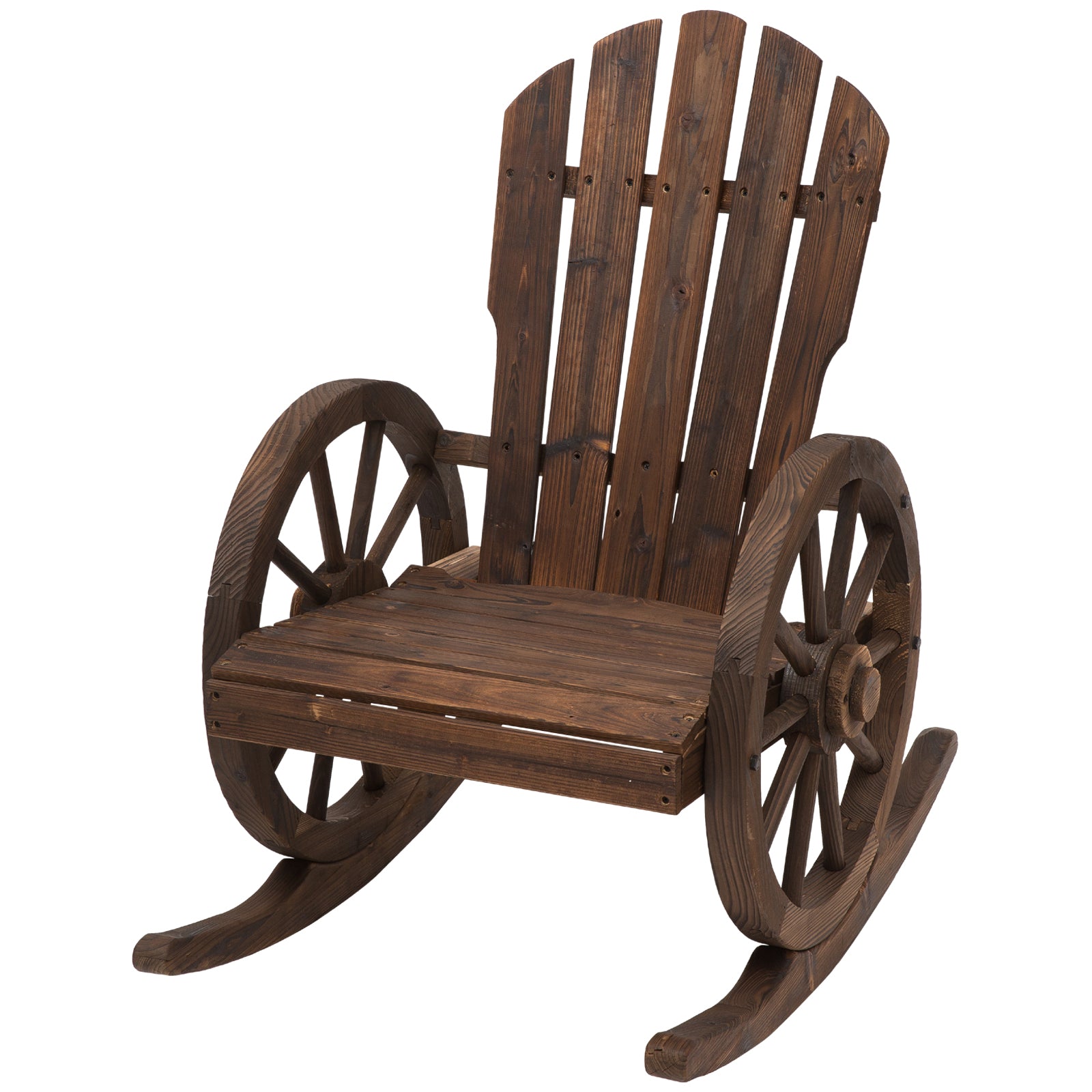 Outsunny Patio Wooden Adirondack Rocking Chair, Wagon Outdoor Rocker Chair with Slatted Design and Wheel Armrests for Porch, Poolside, or Garden Lounging, Carbonized Wood Colour