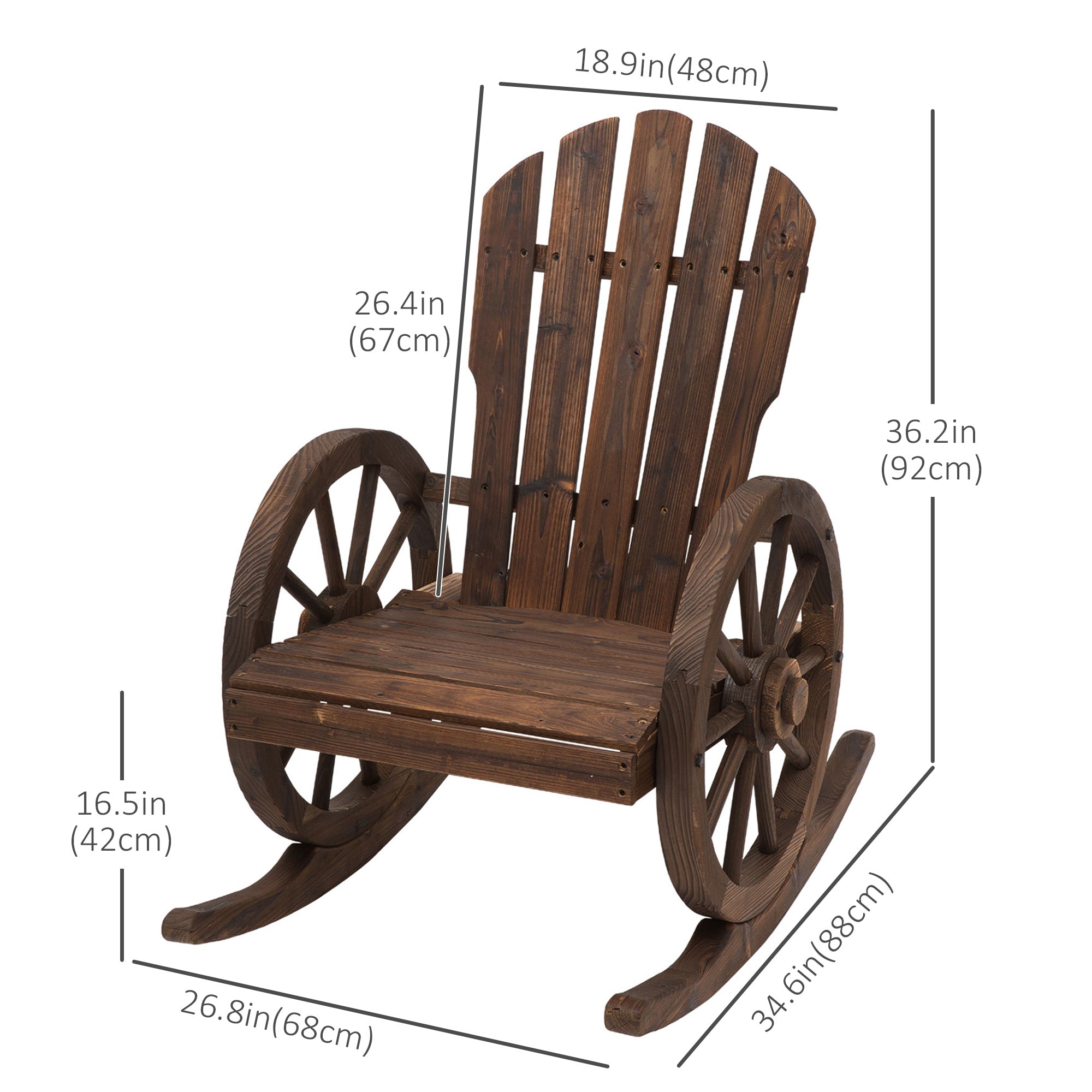Outsunny Patio Wooden Adirondack Rocking Chair, Wagon Outdoor Rocker Chair with Slatted Design and Wheel Armrests for Porch, Poolside, or Garden Lounging, Carbonized Wood Colour