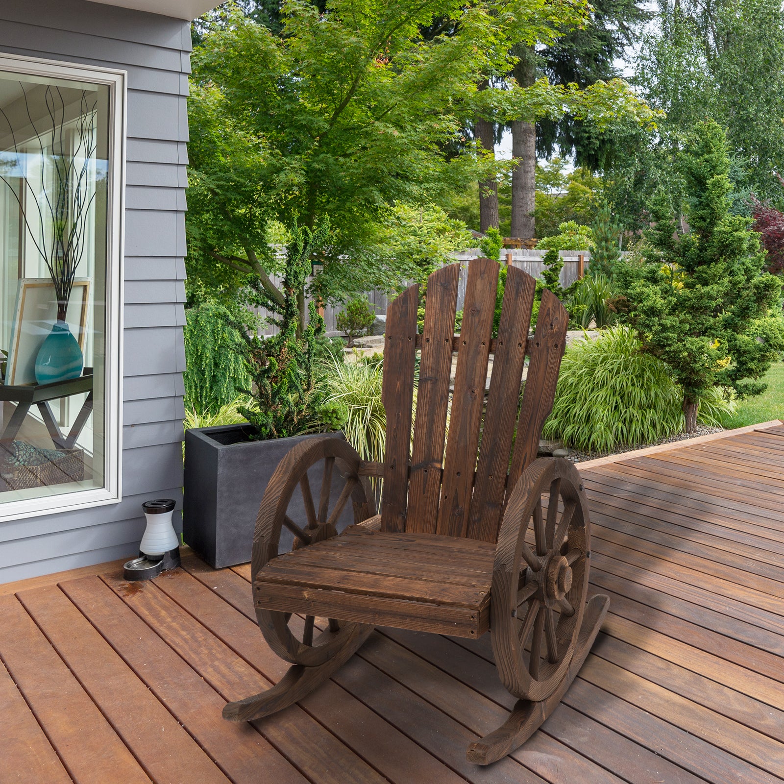 Outsunny Patio Wooden Adirondack Rocking Chair, Wagon Outdoor Rocker Chair with Slatted Design and Wheel Armrests for Porch, Poolside, or Garden Lounging, Carbonized Wood Colour