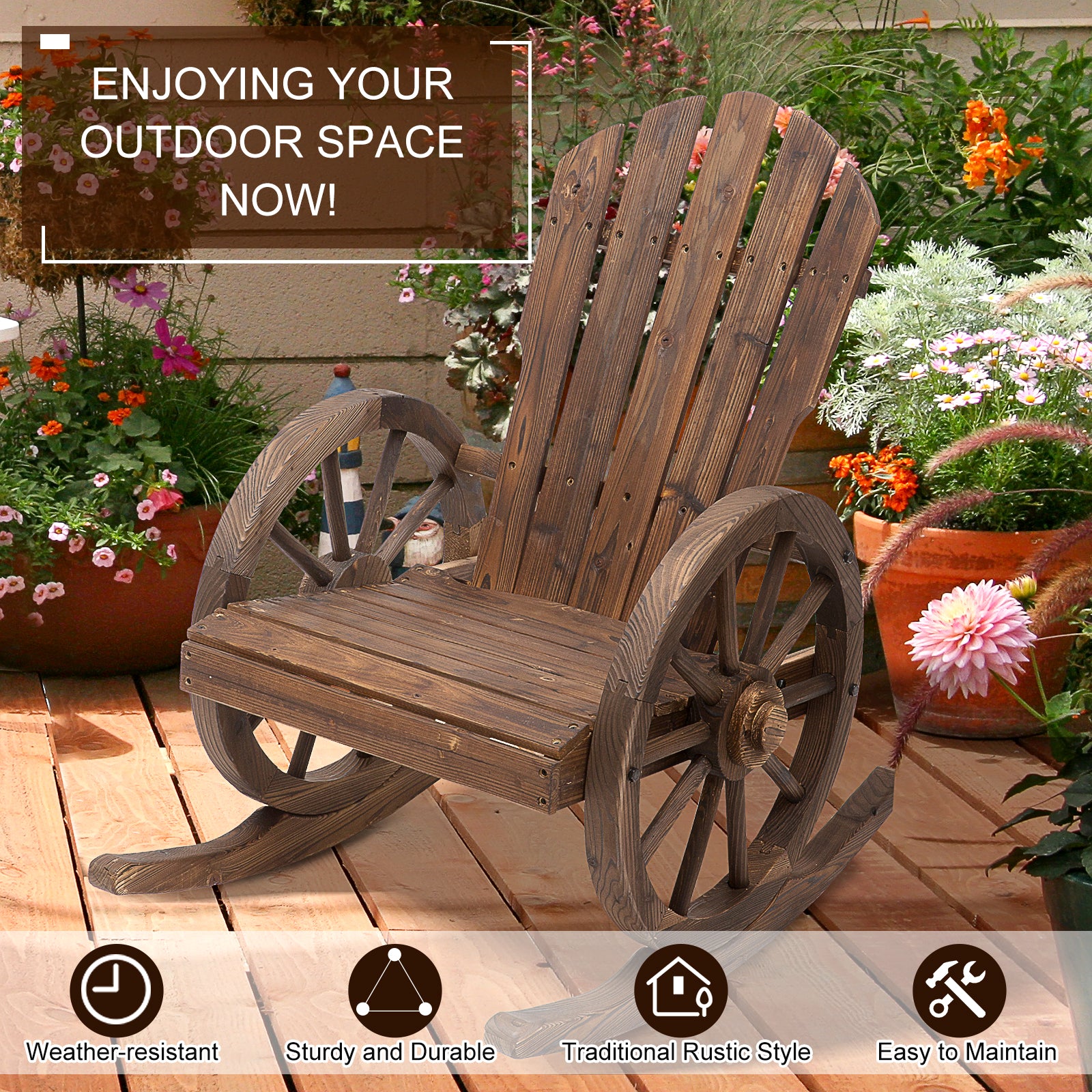 Outsunny Patio Wooden Adirondack Rocking Chair, Wagon Outdoor Rocker Chair with Slatted Design and Wheel Armrests for Porch, Poolside, or Garden Lounging, Carbonized Wood Colour
