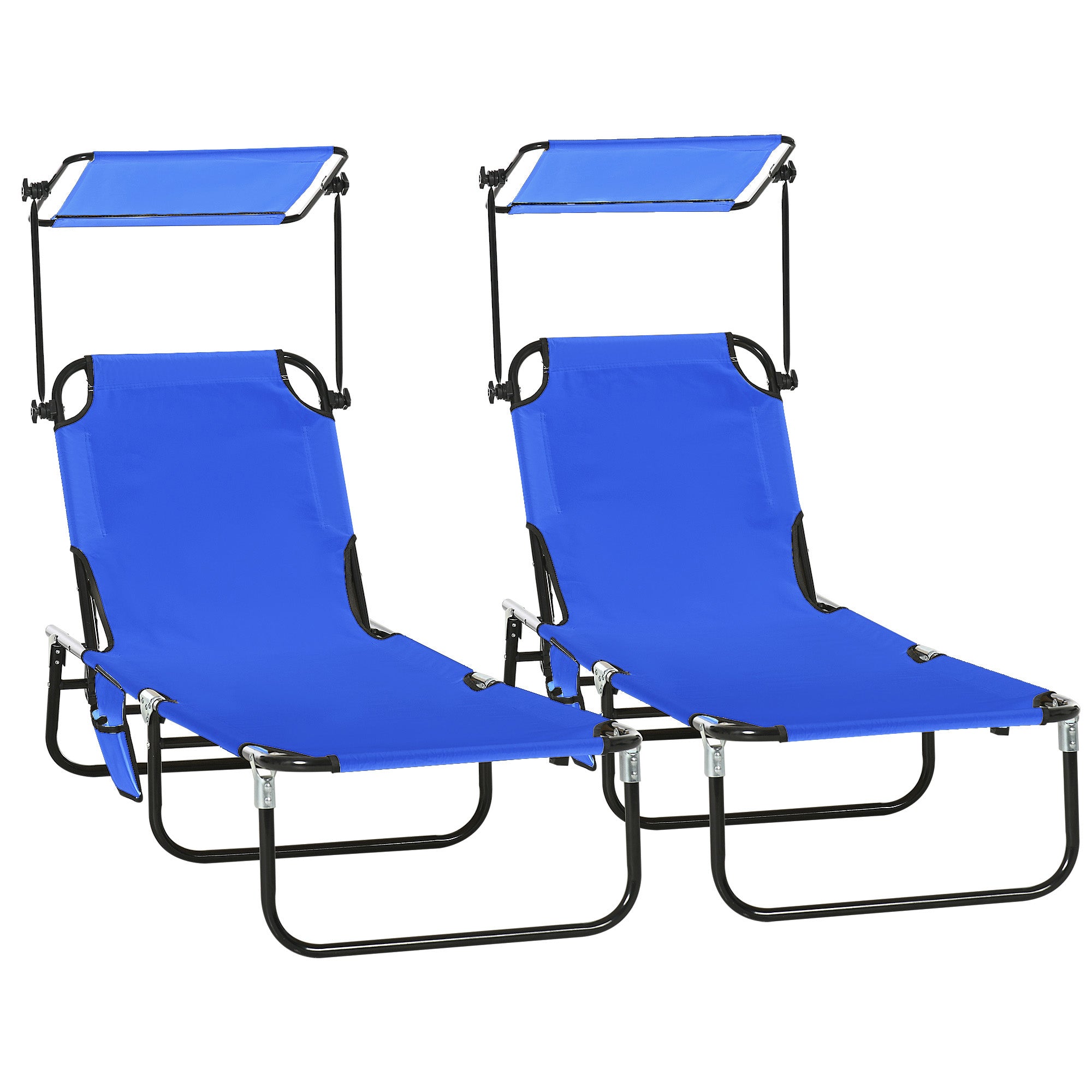 Outsunny Set of 2 Folding Outdoor Chaise Lounge Chairs, Pool, Sun, Tanning Chairs with 5-Level Reclining Backrest, Sunshade, Steel Frame for Beach, Yard, Patio, Blue