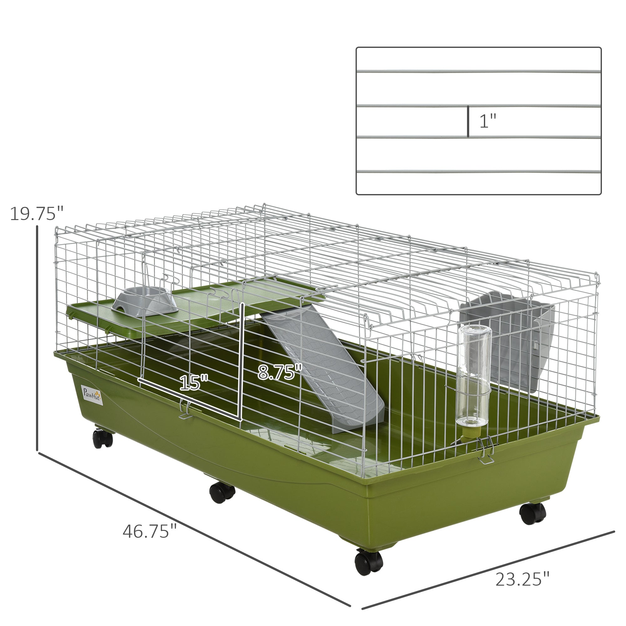 PawHut 47"L Small Animal Cage, Rolling Bunny Cage, Guinea Pig Cage with Food Dish, Water Bottle, Hay Feeder, Platform, Ramp for Ferret Chinchilla, Green
