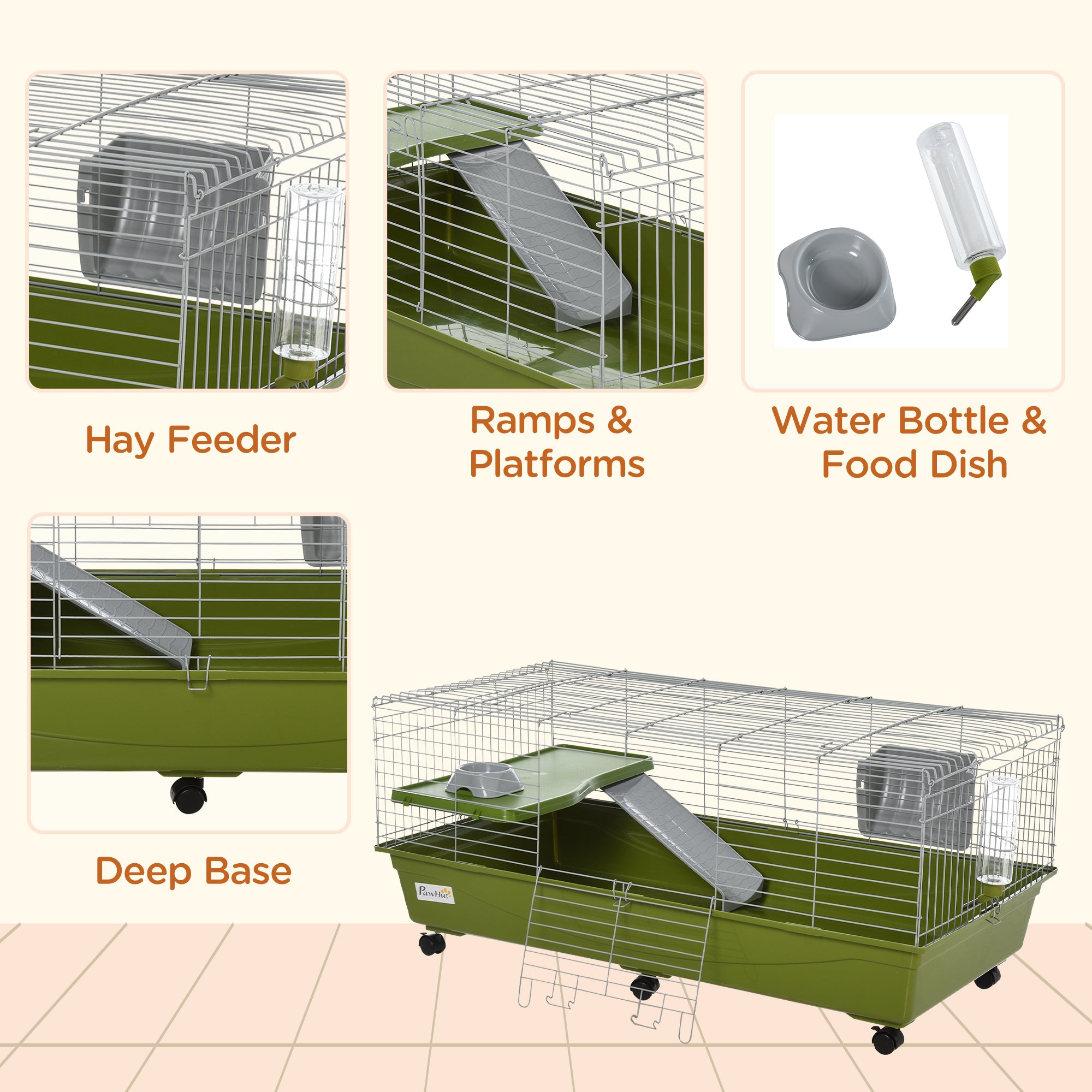 PawHut 47"L Small Animal Cage, Rolling Bunny Cage, Guinea Pig Cage with Food Dish, Water Bottle, Hay Feeder, Platform, Ramp for Ferret Chinchilla, Green