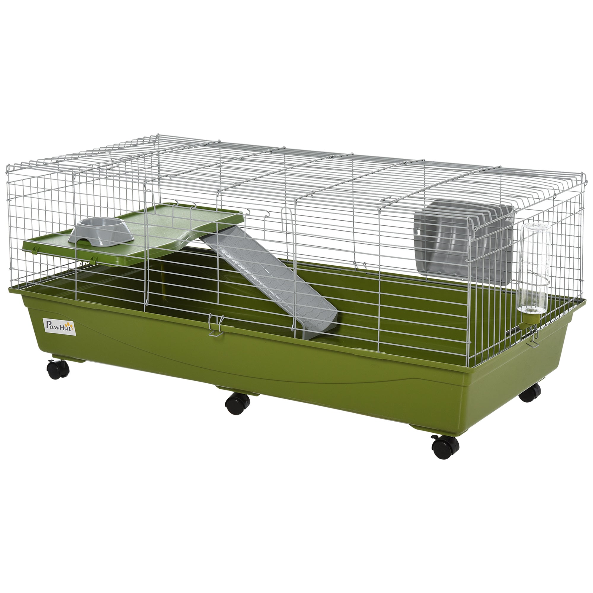 PawHut 47"L Small Animal Cage, Rolling Bunny Cage, Guinea Pig Cage with Food Dish, Water Bottle, Hay Feeder, Platform, Ramp for Ferret Chinchilla, Green