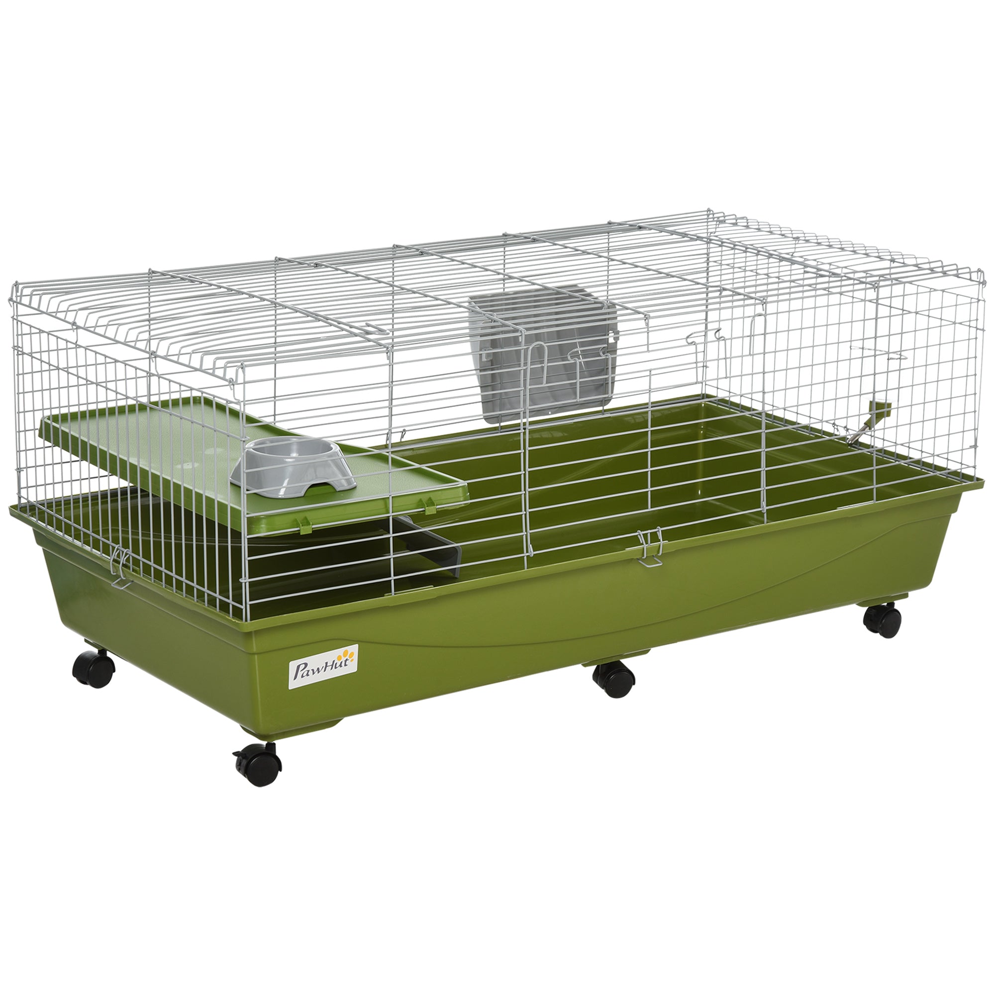 PawHut 47"L Small Animal Cage, Rolling Bunny Cage, Guinea Pig Cage with Food Dish, Water Bottle, Hay Feeder, Platform, Ramp for Ferret Chinchilla, Green