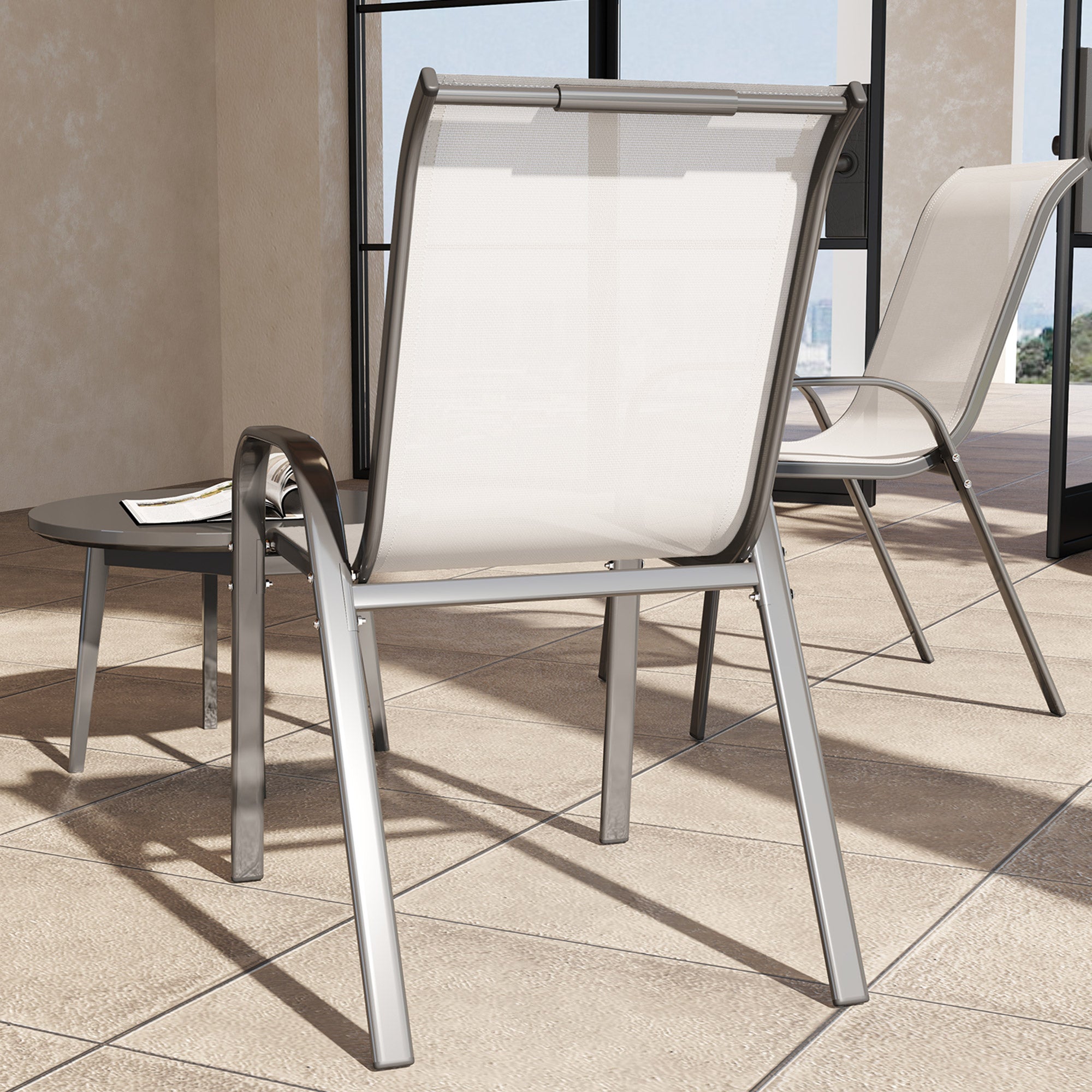 Outsunny Outdoor Dining Chairs Set of 2, Stackable Patio Dining Chairs, High Back Lawn Chairs with Breathable Mesh Seat, Metal Frame for Garden Backyard Porch, Light Grey