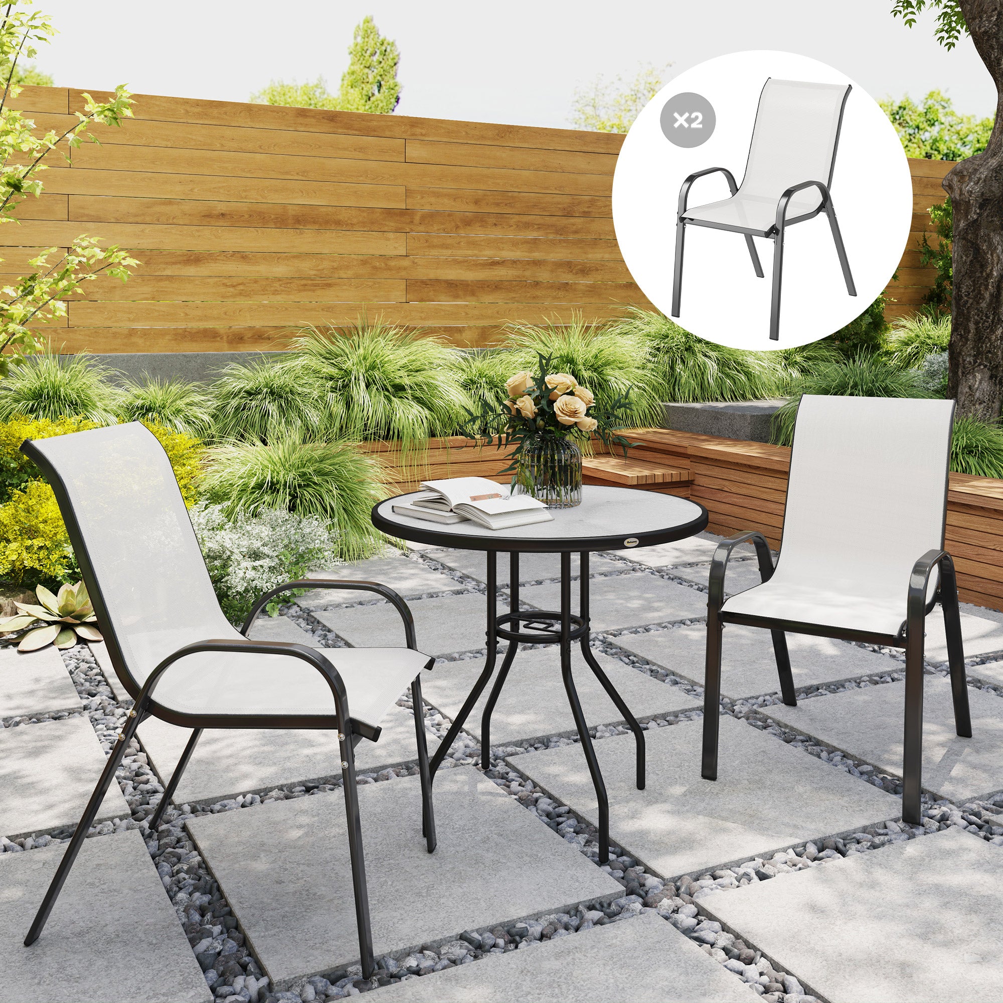 Outsunny Outdoor Dining Chairs Set of 2, Stackable Patio Dining Chairs, High Back Lawn Chairs with Breathable Mesh Seat, Metal Frame for Garden Backyard Porch, Light Grey