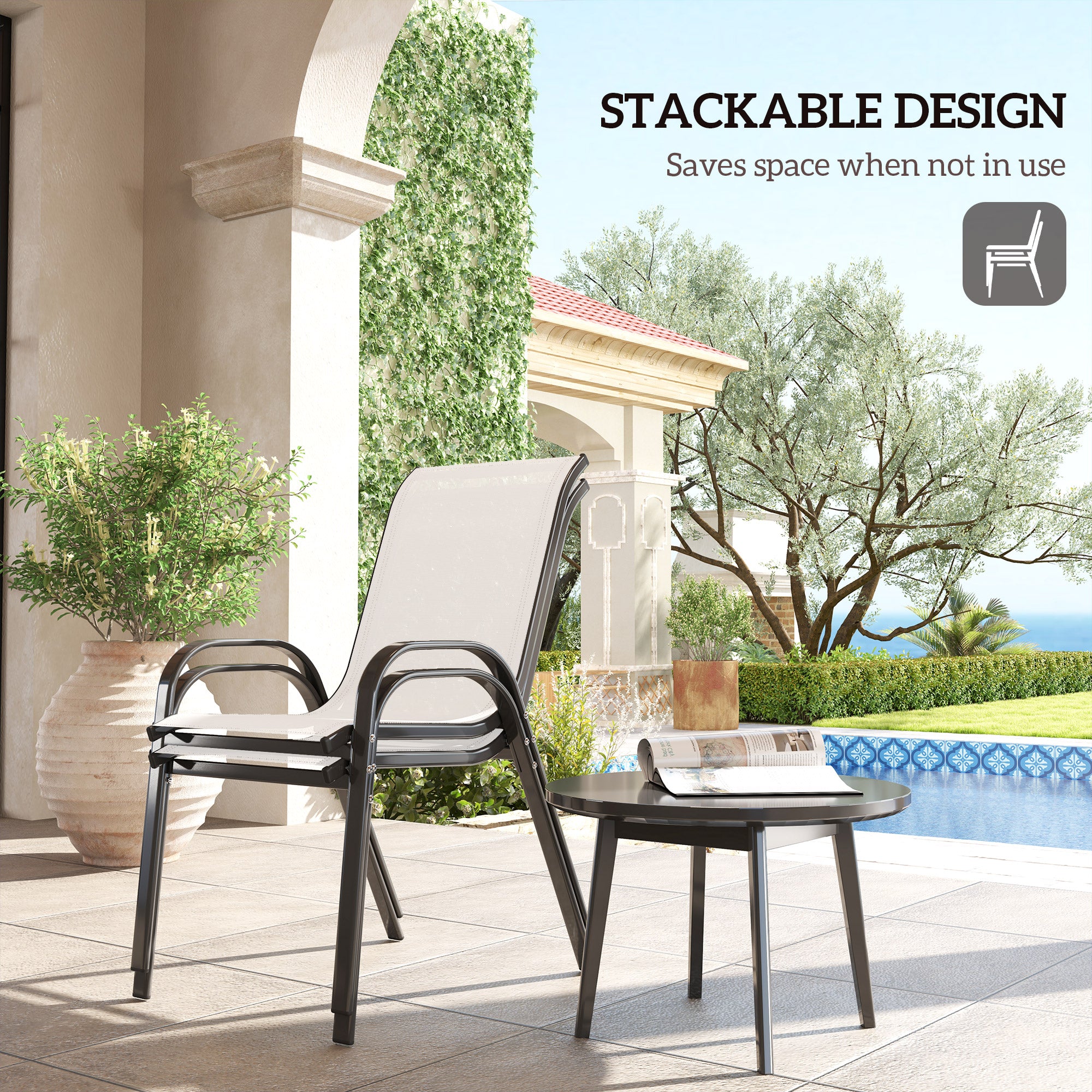 Outsunny Outdoor Dining Chairs Set of 2, Stackable Patio Dining Chairs, High Back Lawn Chairs with Breathable Mesh Seat, Metal Frame for Garden Backyard Porch, Light Grey
