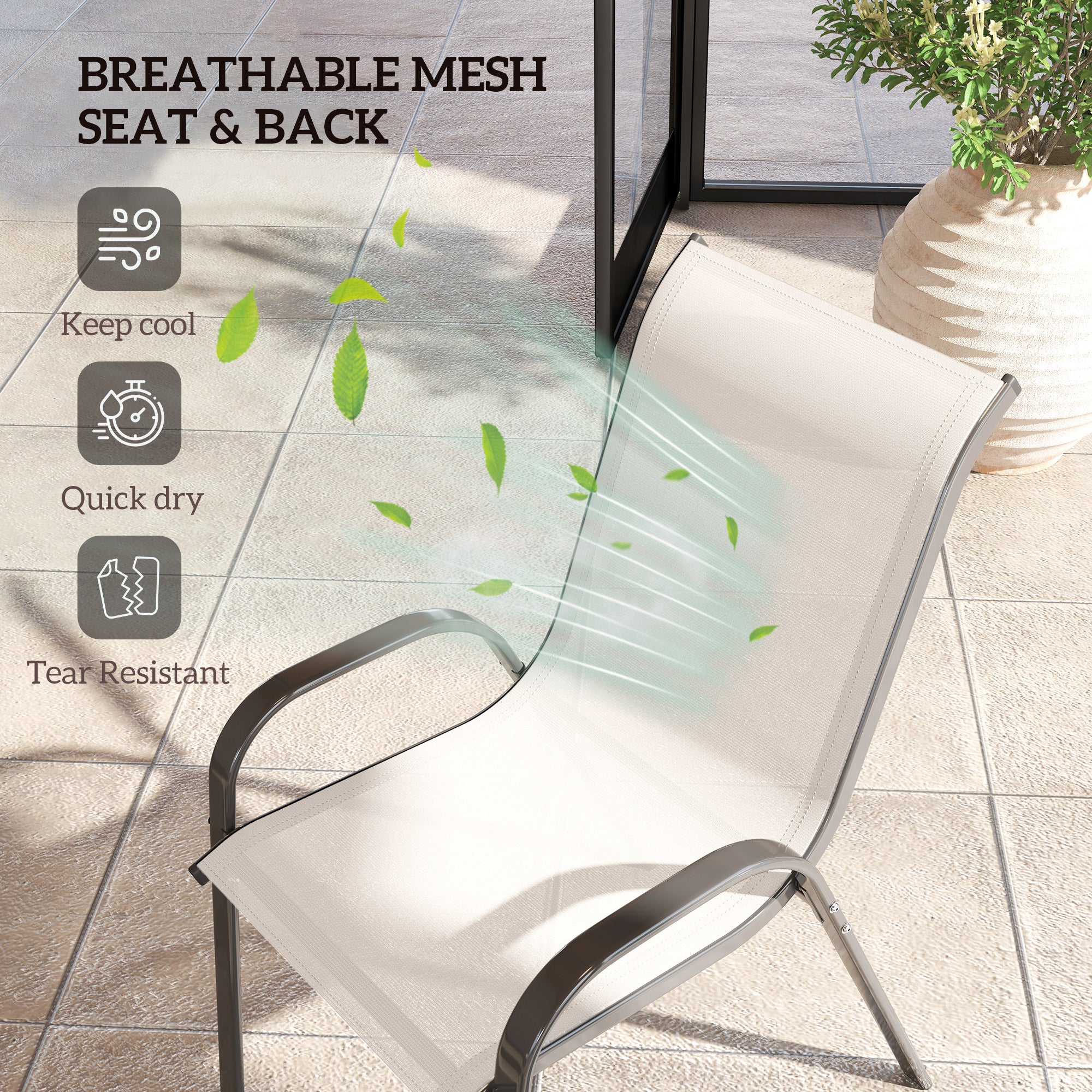 Outsunny Outdoor Dining Chairs Set of 2, Stackable Patio Dining Chairs, High Back Lawn Chairs with Breathable Mesh Seat, Metal Frame for Garden Backyard Porch, Light Grey