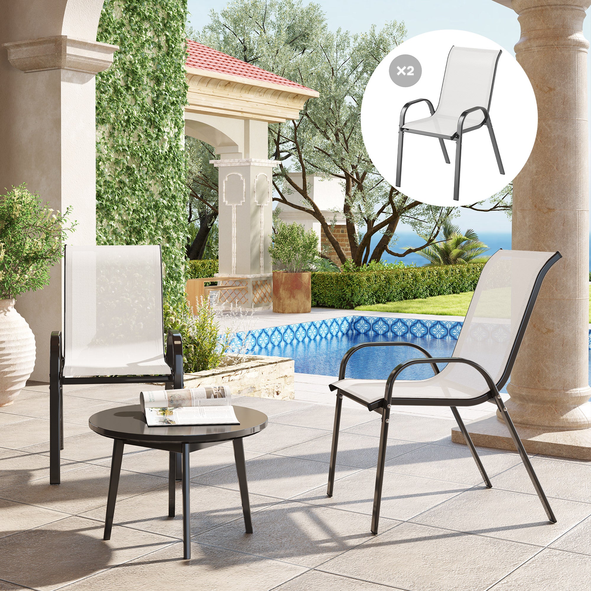 Outsunny Outdoor Dining Chairs Set of 2, Stackable Patio Dining Chairs, High Back Lawn Chairs with Breathable Mesh Seat, Metal Frame for Garden Backyard Porch, Light Grey