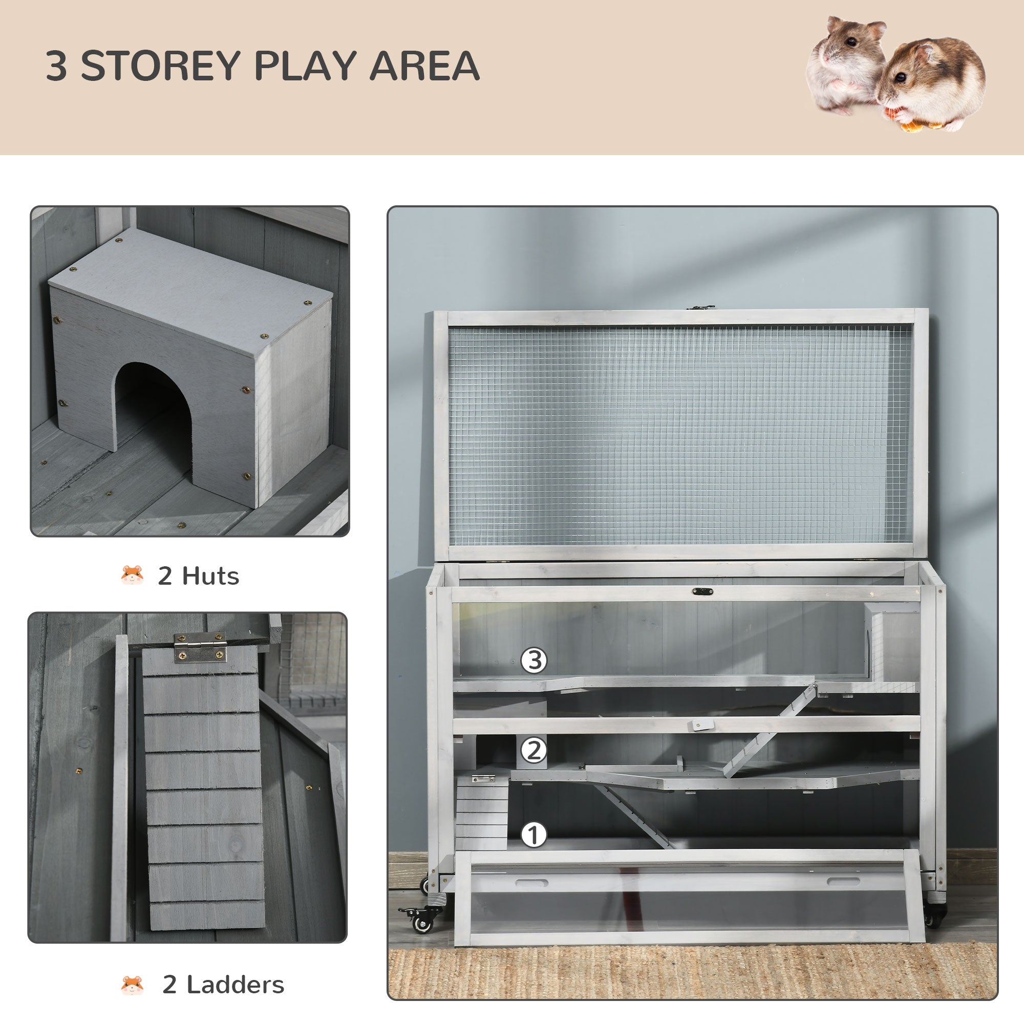 PawHut Extra Large Wooden Hamster Cage and Habitat Playground with 3 Ladders and 2 Huts, Syrian & Dwarf Hamster Small Animal Cage, Wheels, Pull-out Tray, Light Grey