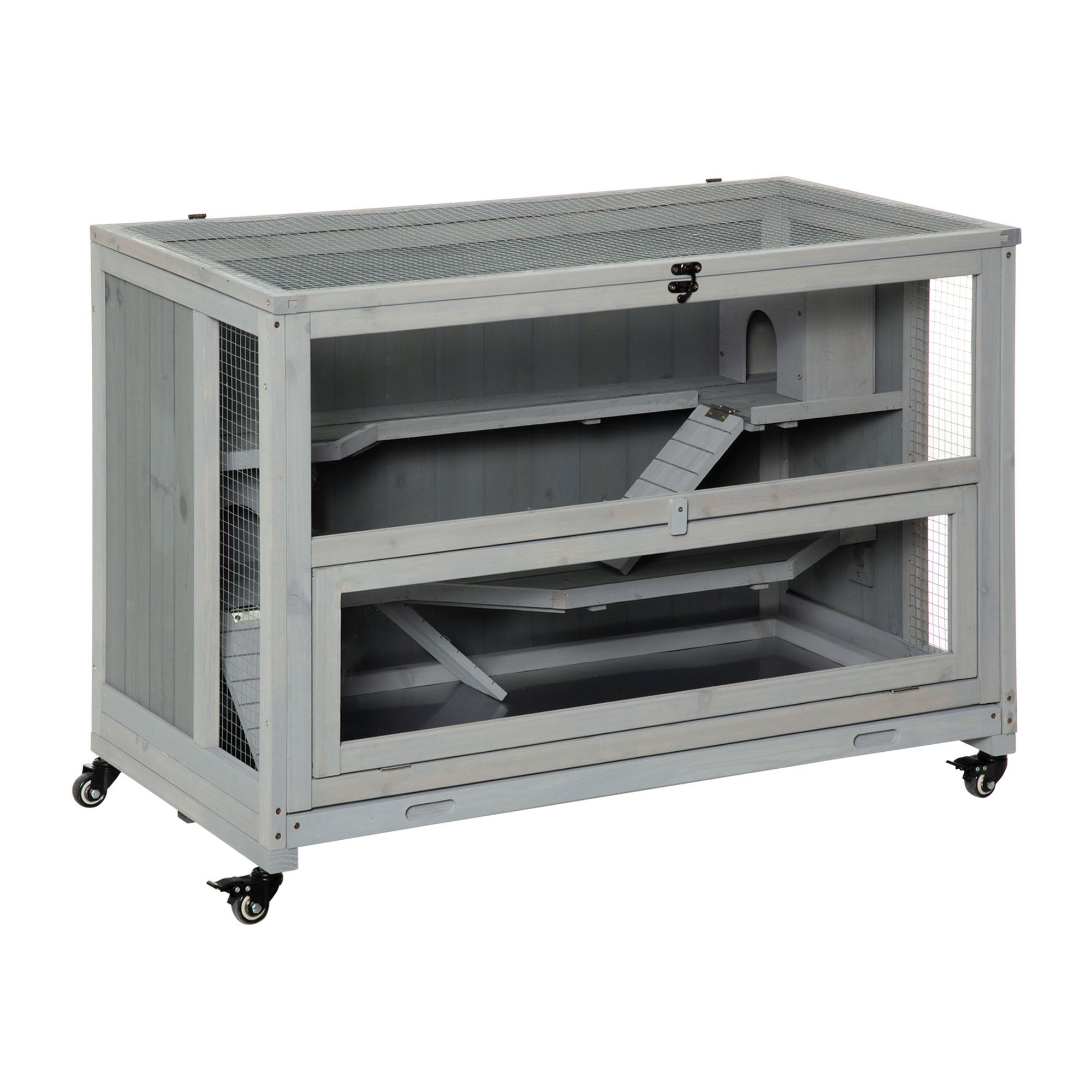 PawHut 3 Tier Hamster Cage, Wooden Rat Cage Small Animal Habitat with Ladders, Huts, Wheels, Pull-out Tray, for Syrian, Dwarf Hamster, Light Grey