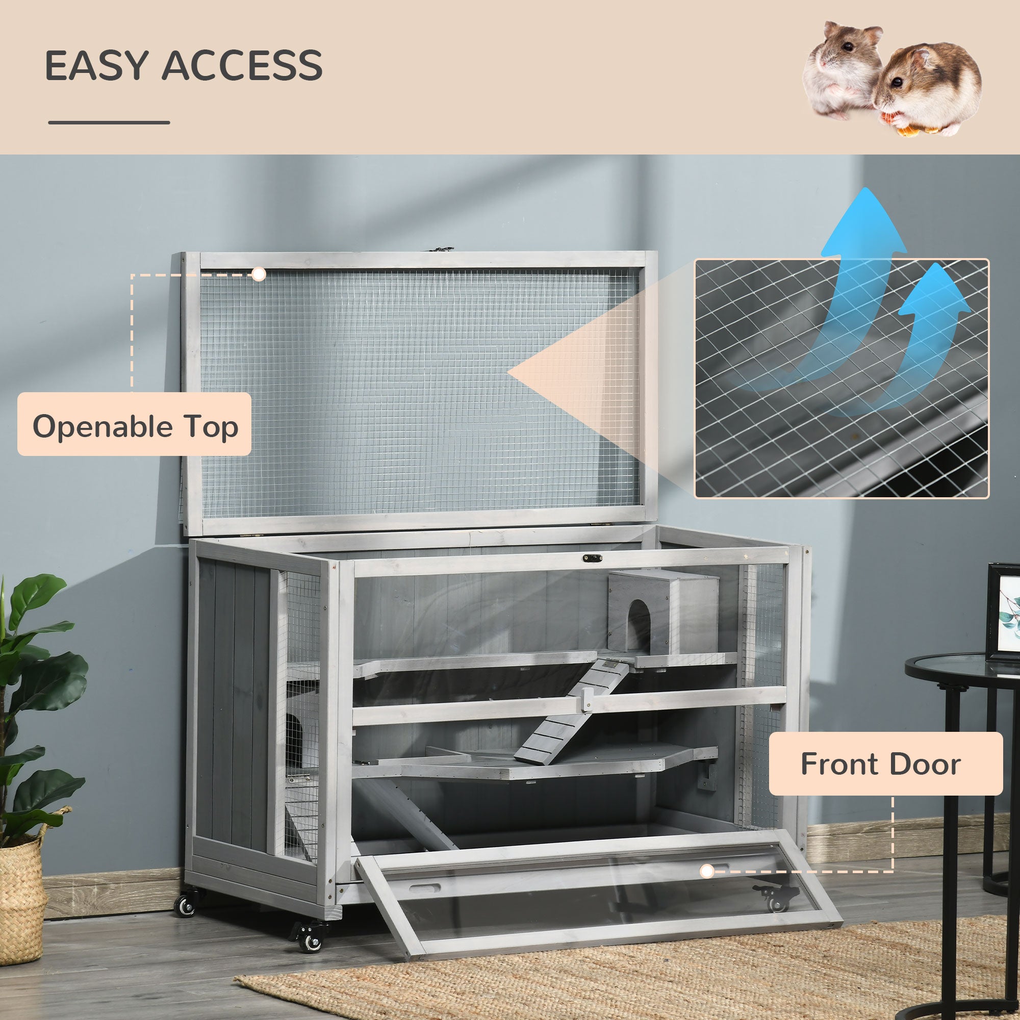 PawHut 3 Tier Hamster Cage, Wooden Rat Cage Small Animal Habitat with Ladders, Huts, Wheels, Pull-out Tray, for Syrian, Dwarf Hamster, Light Grey