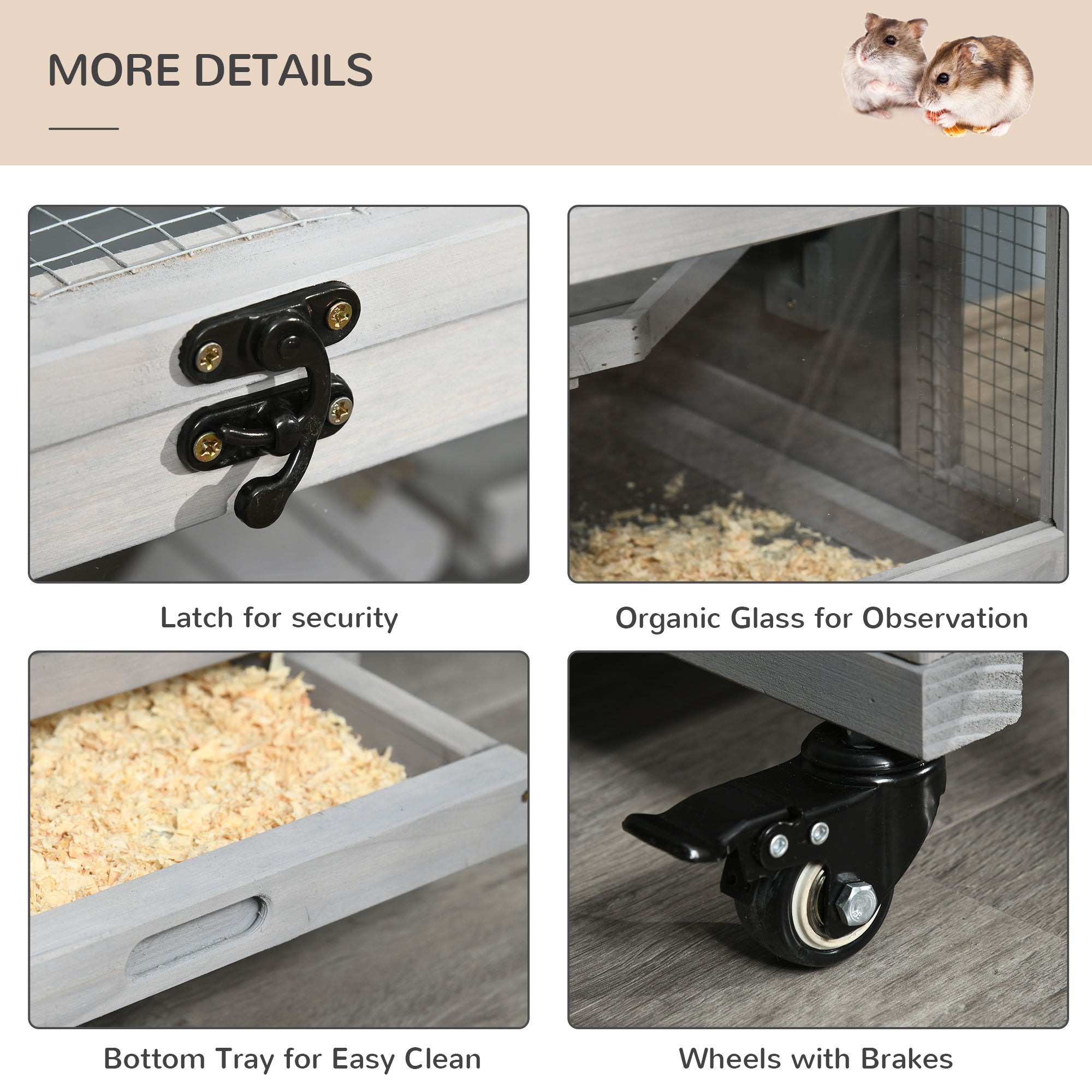 PawHut Extra Large Wooden Hamster Cage and Habitat Playground with 3 Ladders and 2 Huts, Syrian & Dwarf Hamster Small Animal Cage, Wheels, Pull-out Tray, Light Grey