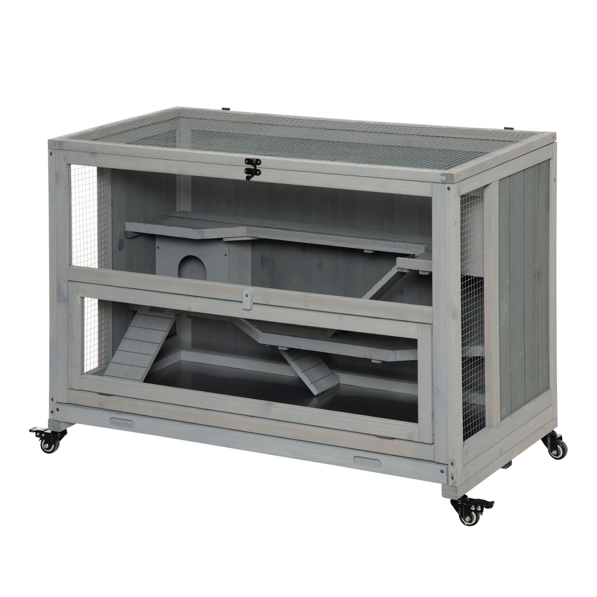 PawHut 3 Tier Hamster Cage, Wooden Rat Cage Small Animal Habitat with Ladders, Huts, Wheels, Pull-out Tray, for Syrian, Dwarf Hamster, Light Grey