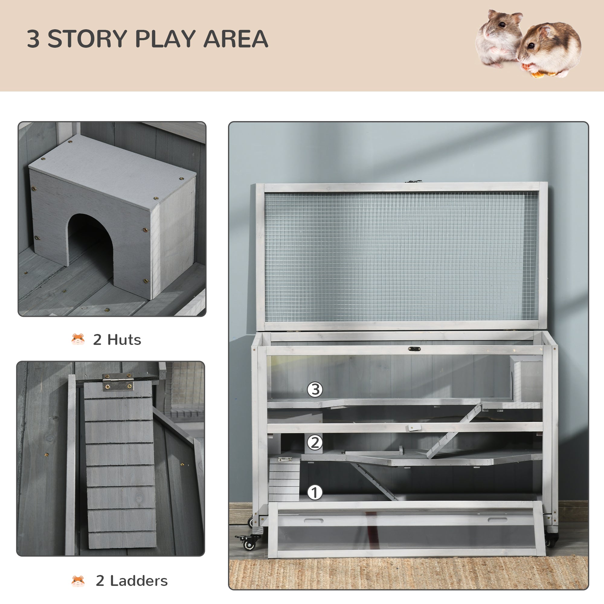 PawHut Extra Large Wooden Hamster Cage and Habitat Playground with 3 Ladders and 2 Huts, Syrian & Dwarf Hamster Small Animal Cage, Wheels, Pull-out Tray, Light Grey