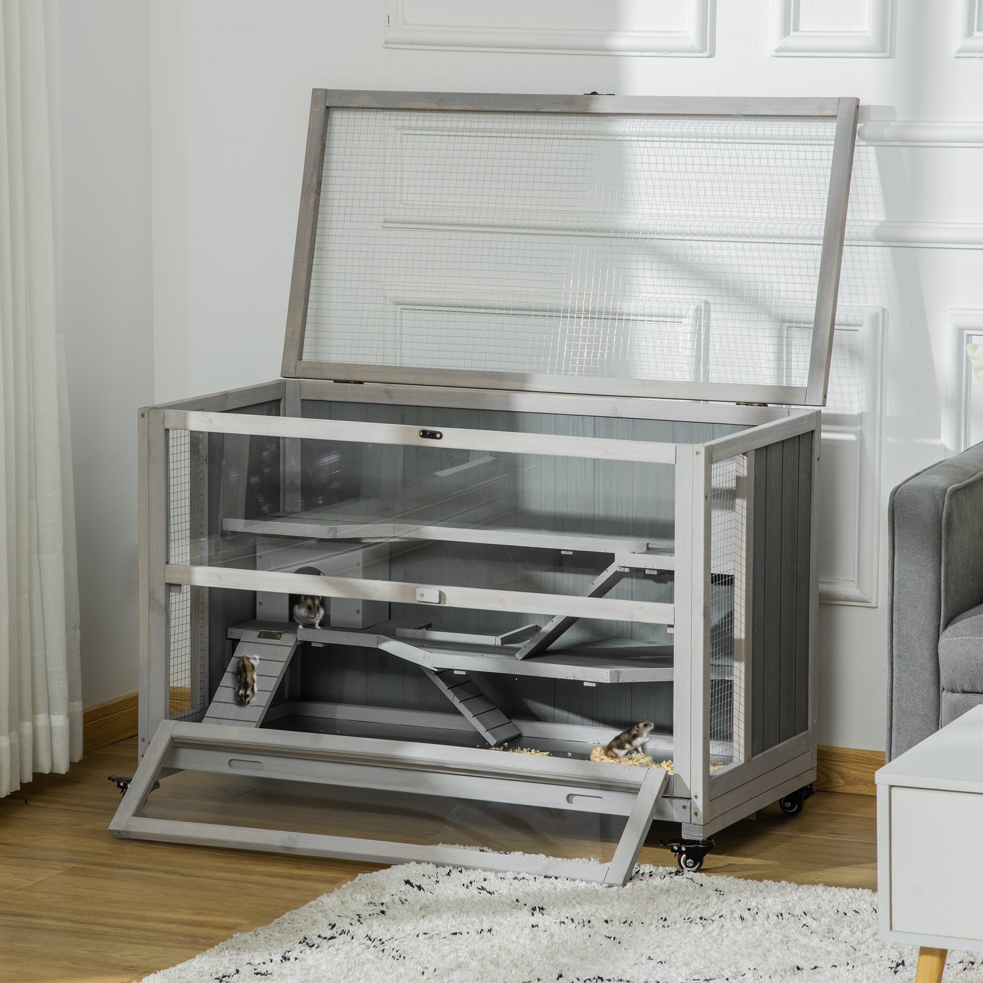 PawHut Extra Large Wooden Hamster Cage and Habitat Playground with 3 Ladders and 2 Huts, Syrian & Dwarf Hamster Small Animal Cage, Wheels, Pull-out Tray, Light Grey