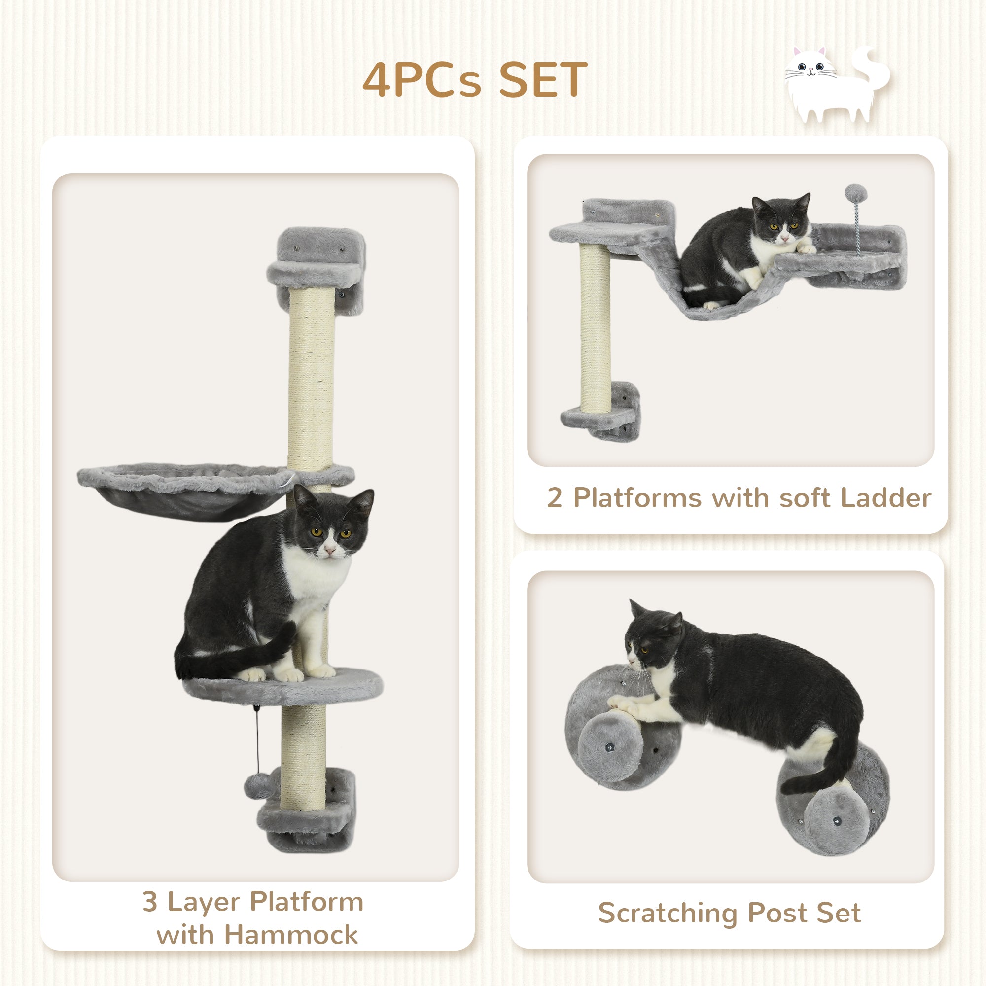 PawHut Cat Wall Shelves, 4PCs Cat Shelves with Hammock, Scratching Post, Ladder, Steps, Platforms, Toy Balls, for Indoor Use, Grey