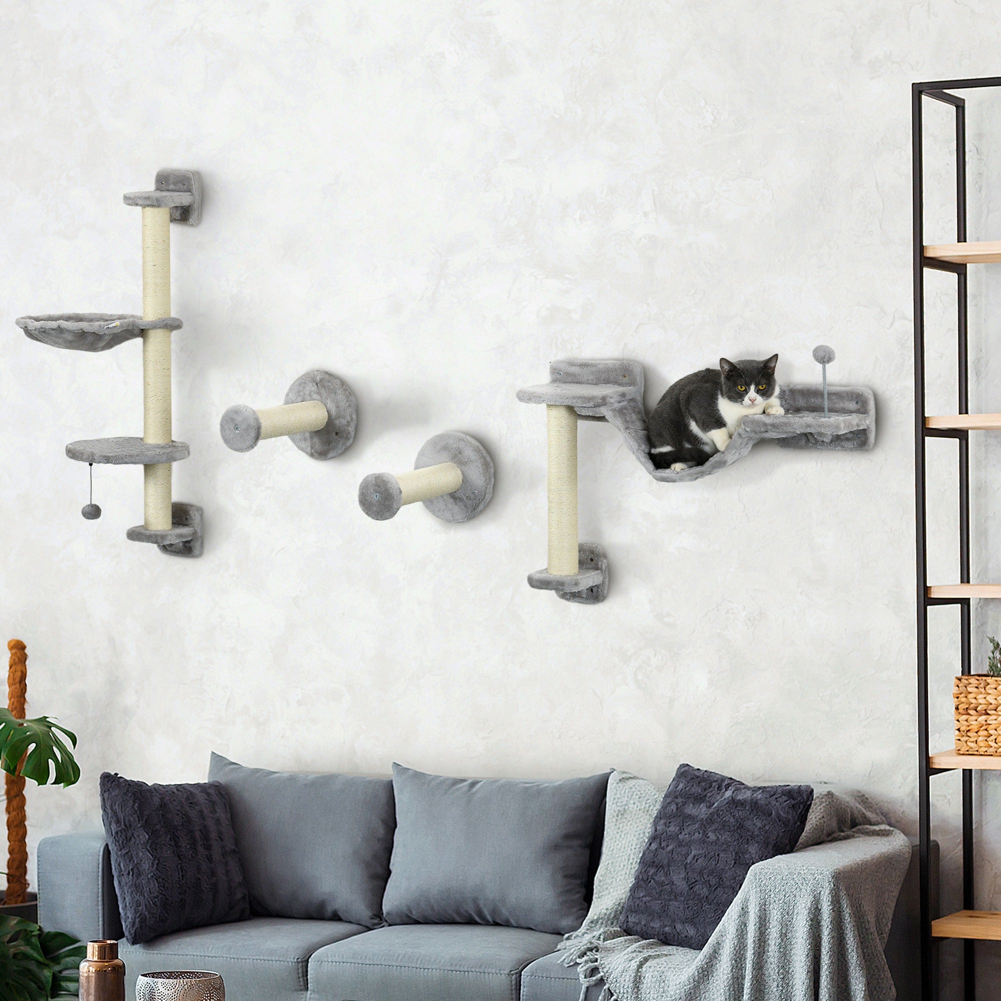 PawHut 4Pcs Wall Mounted Cat Shelves, with Hammock, Perches, Ladder, Scratching Post, Cat Wall Furniture for Large Cats, Grey
