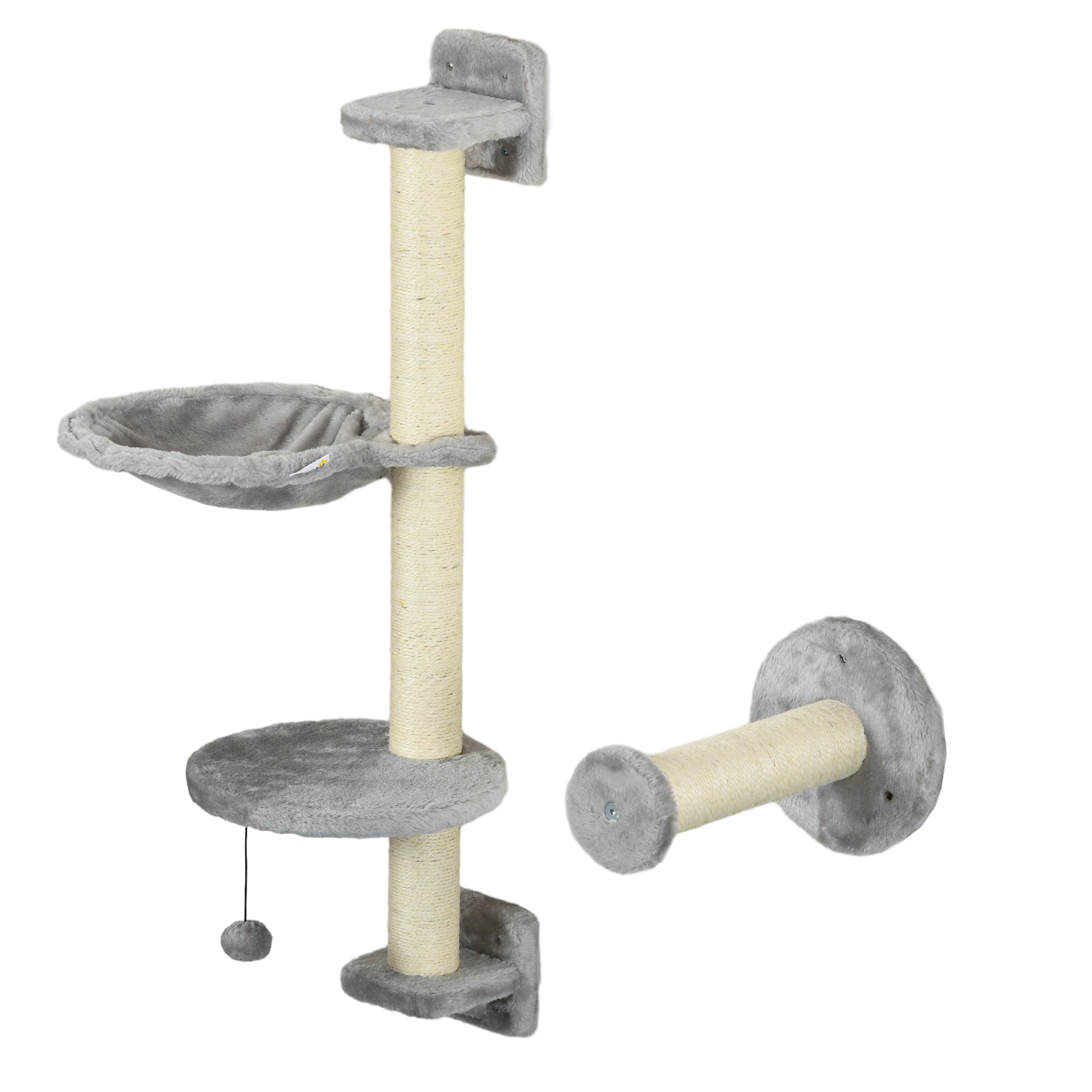 PawHut Cat Wall Shelves, 4PCs Cat Shelves with Hammock, Scratching Post, Ladder, Steps, Platforms, Toy Balls, for Indoor Use, Grey