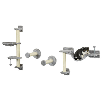 PawHut Cat Wall Shelves, 4PCs Cat Shelves with Hammock, Scratching Post, Ladder, Steps, Platforms, Toy Balls, for Indoor Use, Grey