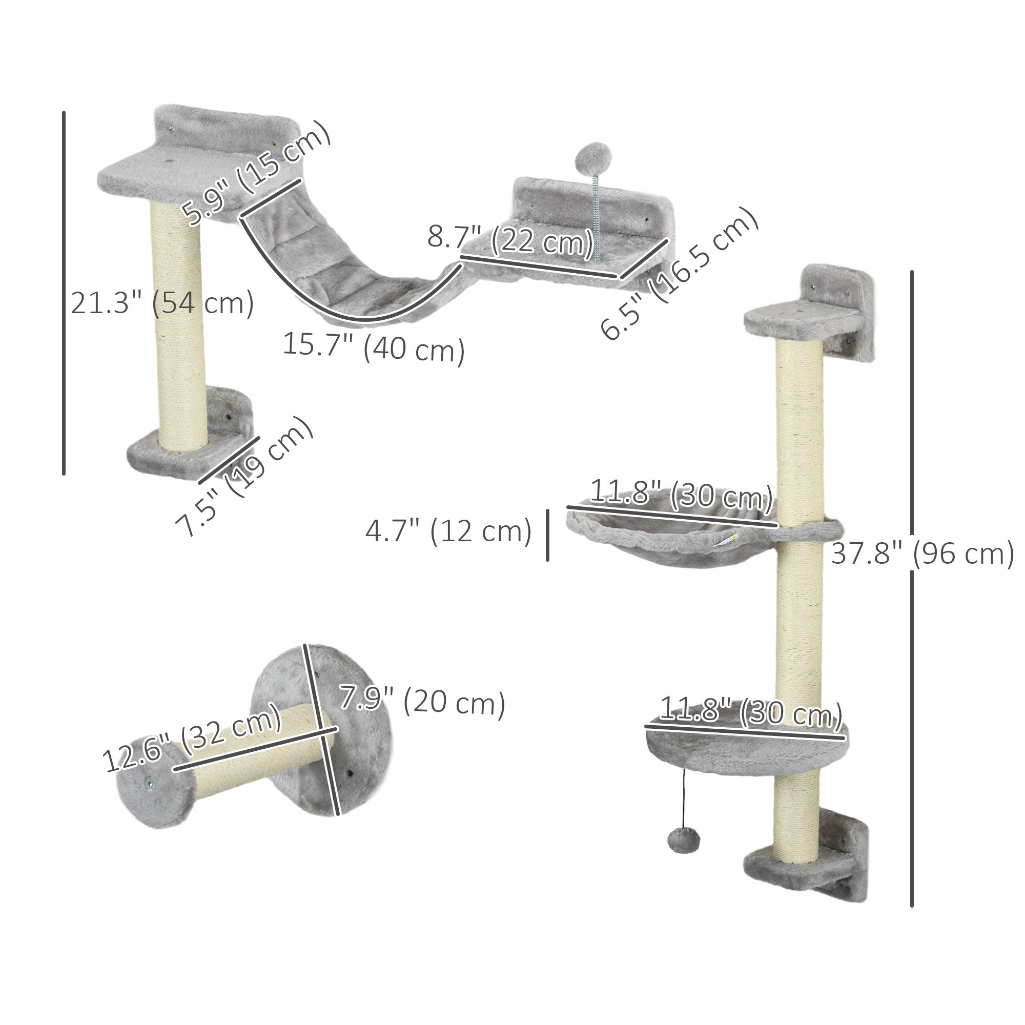 PawHut Cat Wall Shelves, 4PCs Cat Shelves with Hammock, Scratching Post, Ladder, Steps, Platforms, Toy Balls, for Indoor Use, Grey