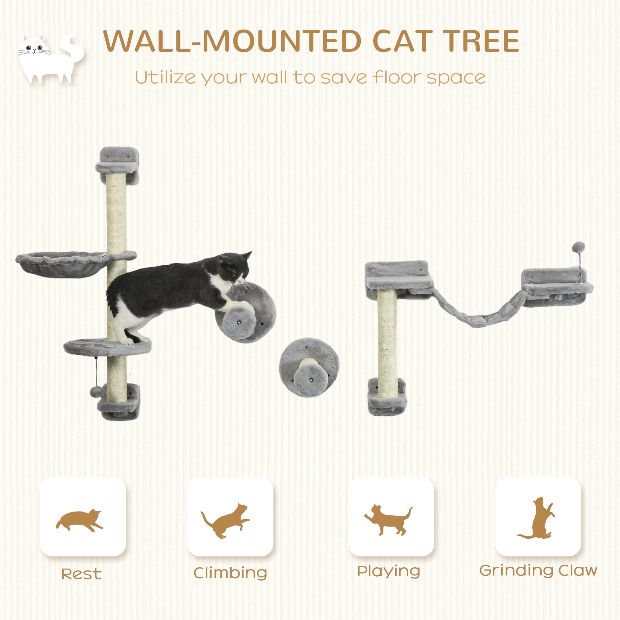 PawHut Cat Wall Shelves, 4PCs Cat Shelves with Hammock, Scratching Post, Ladder, Steps, Platforms, Toy Balls, for Indoor Use, Grey