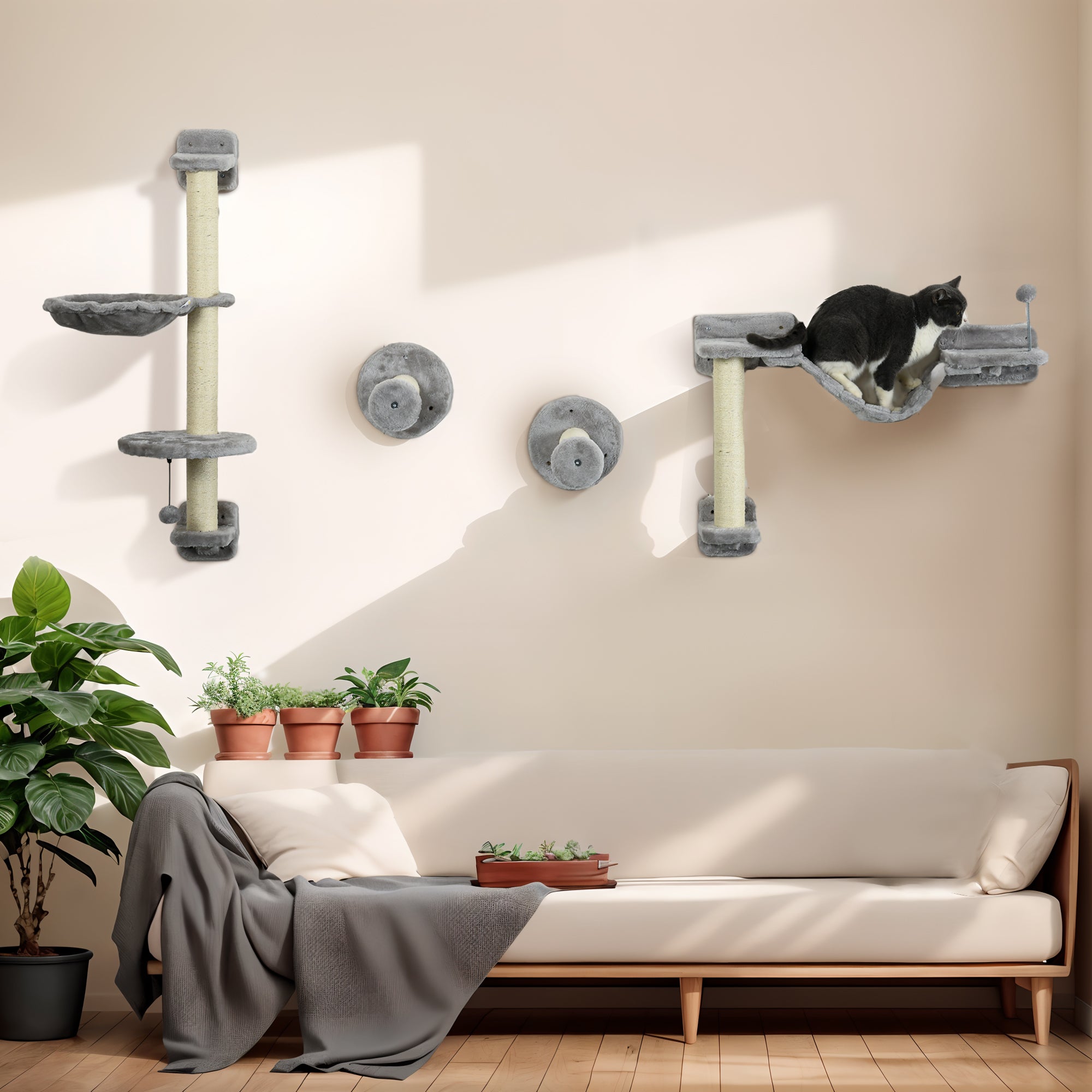 PawHut Cat Wall Shelves, 4PCs Cat Shelves with Hammock, Scratching Post, Ladder, Steps, Platforms, Toy Balls, for Indoor Use, Grey