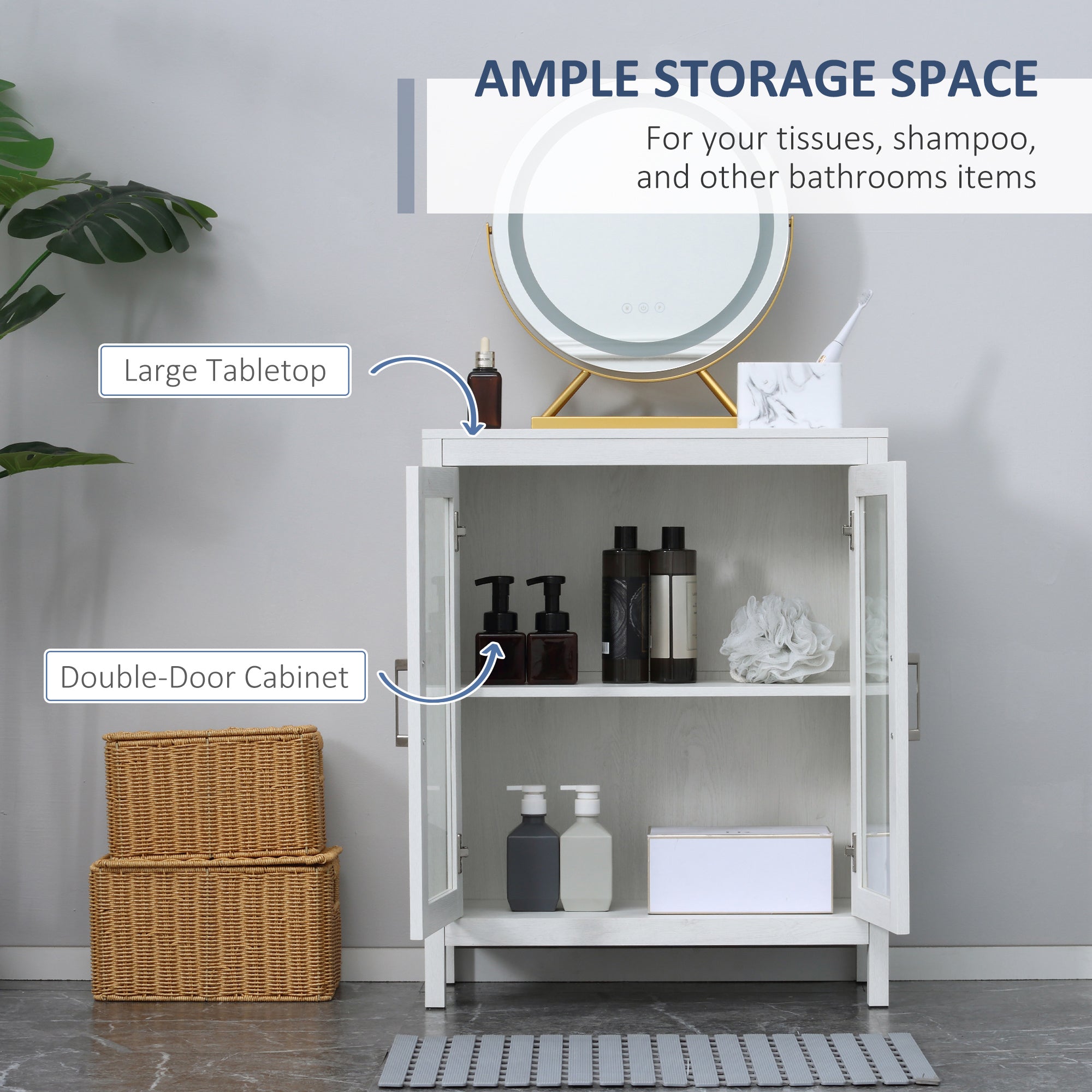 kleankin Modern Bathroom Storage Cabinet, Free Standing Bathroom Cabinet with Double Glass Doors and Adjustable Shelf, White