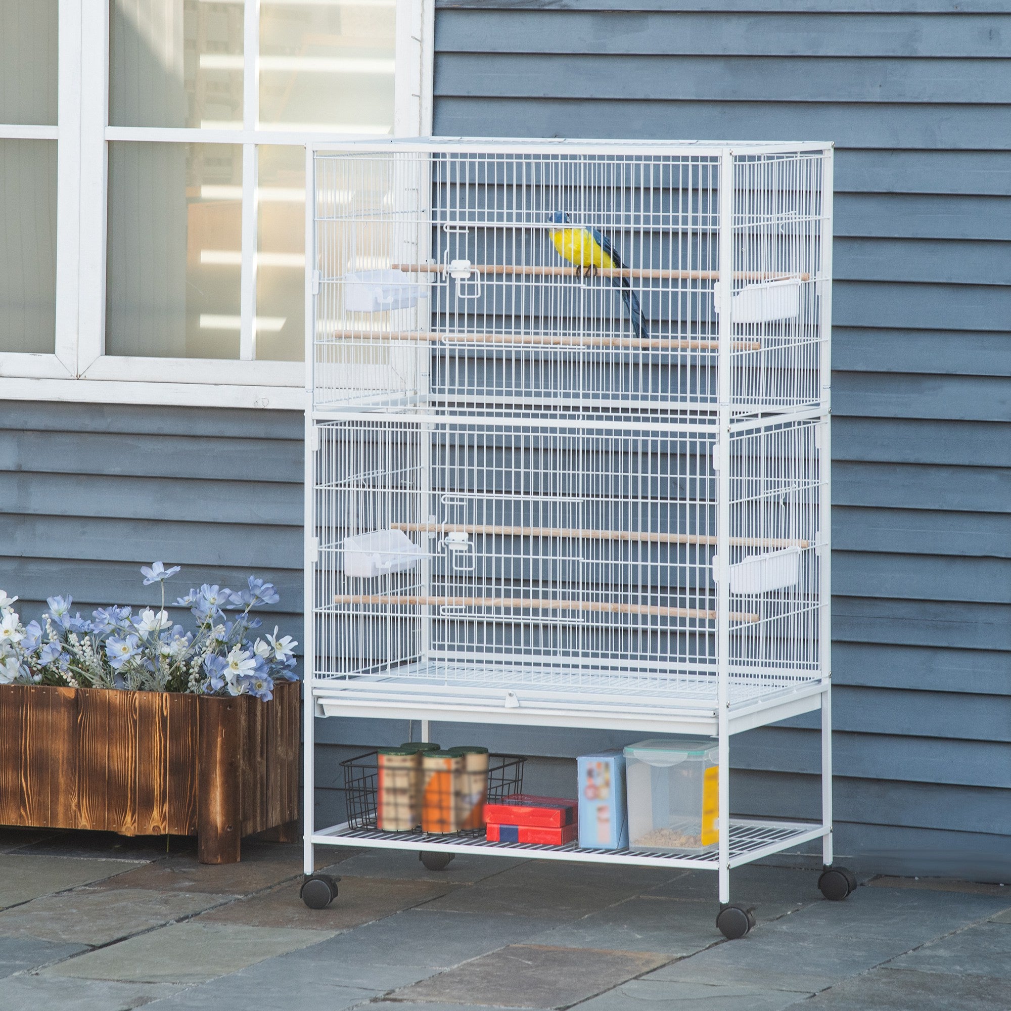 PawHut Large Bird Cage Budgie Cage for Finch Canaries Parakeet with Rolling Stand, Slide-out Tray, Storage Shelf, Food Containers, White