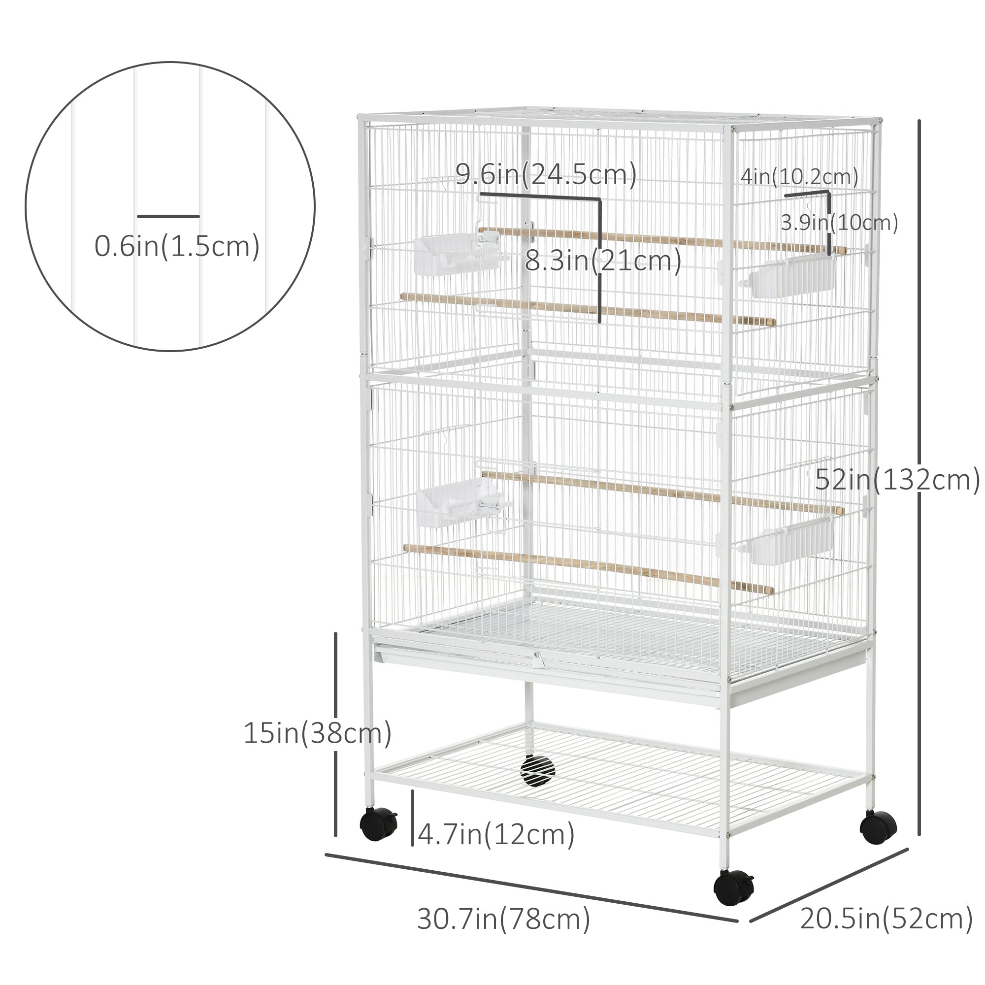 PawHut 52" Large Rolling Steel Bird Cage Bird House with Rolling Stand, Storage Shelf, Wood Perch, Food Container, White