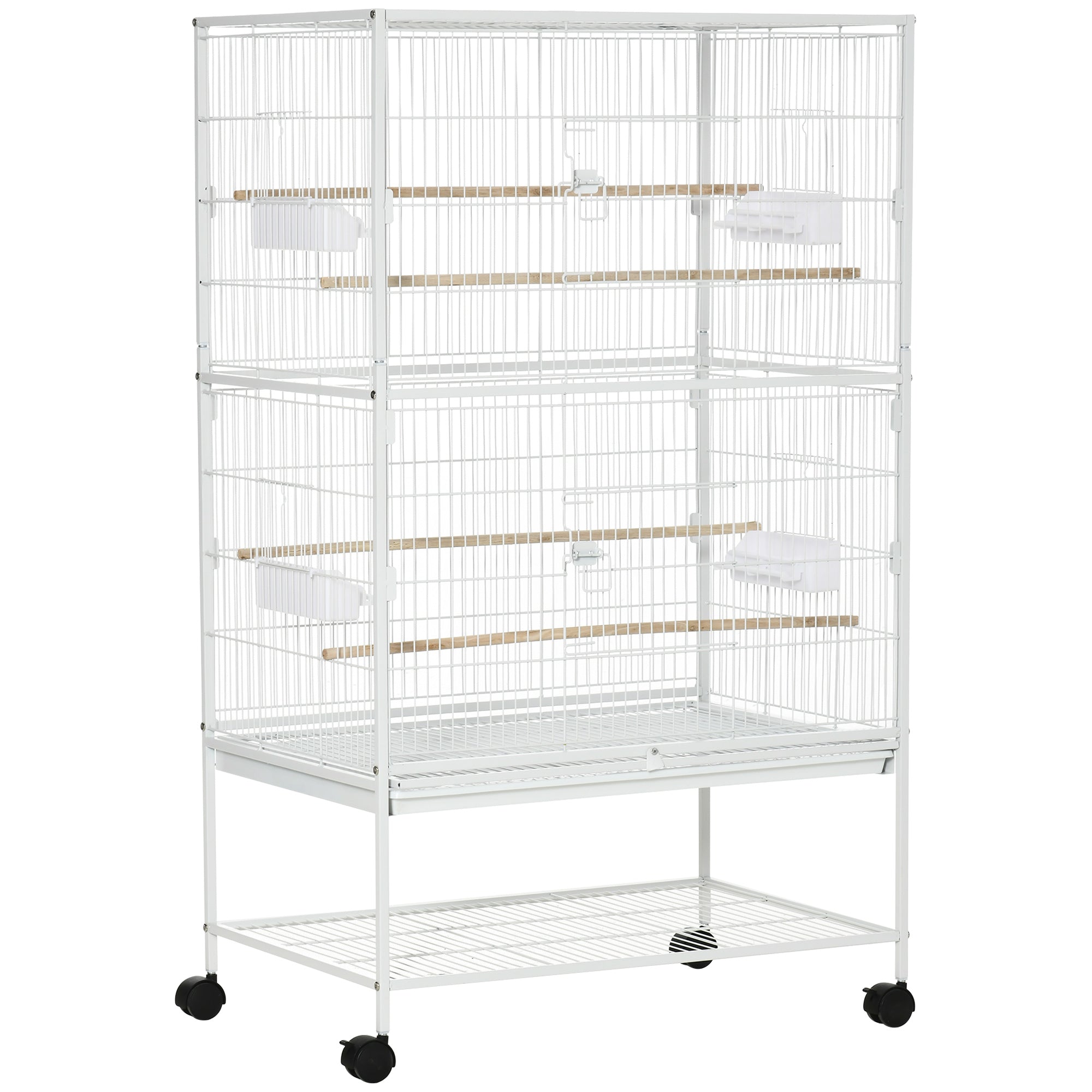 PawHut 52" Large Rolling Steel Bird Cage Bird House with Rolling Stand, Storage Shelf, Wood Perch, Food Container, White