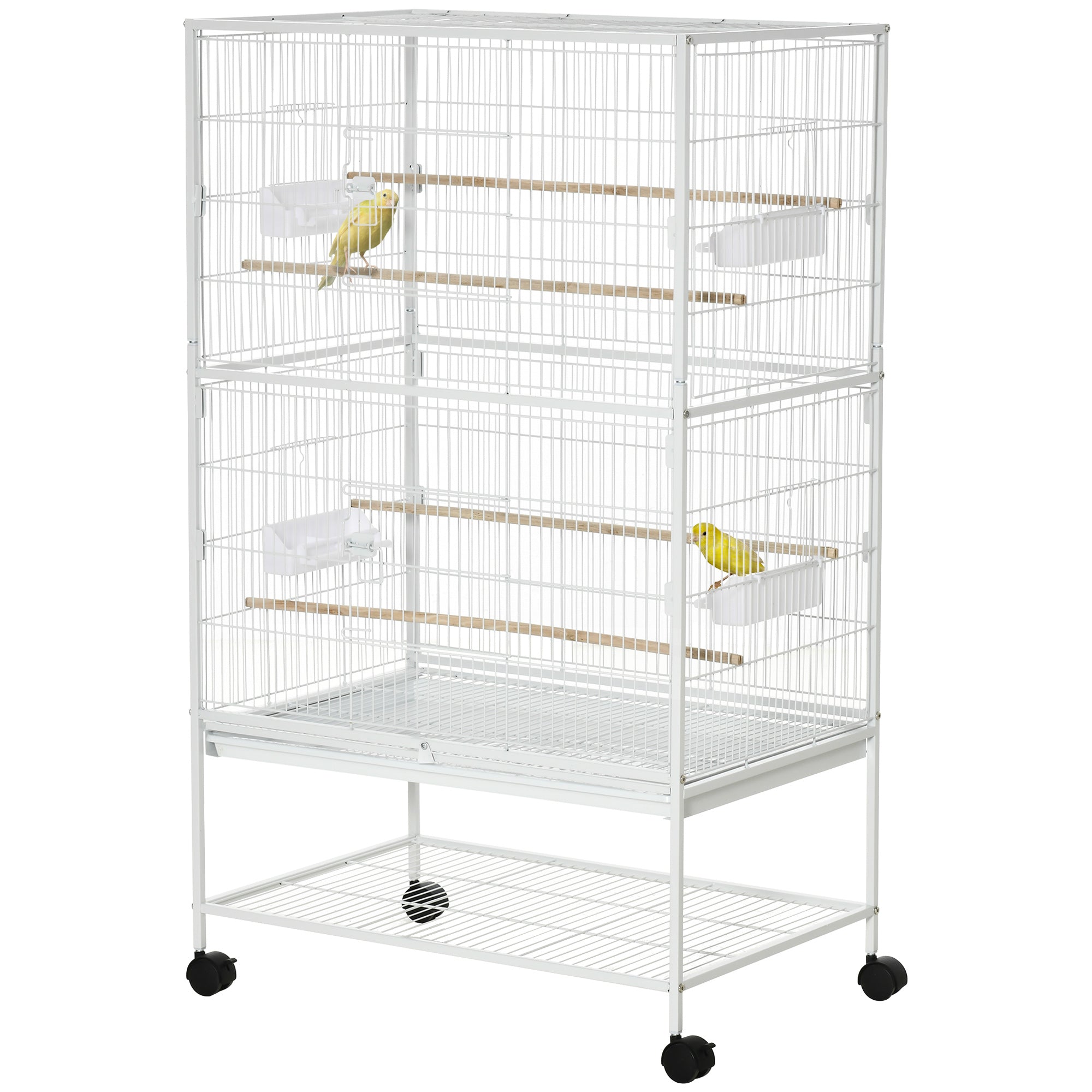 PawHut Large Bird Cage Budgie Cage for Finch Canaries Parakeet with Rolling Stand, Slide-out Tray, Storage Shelf, Food Containers, White