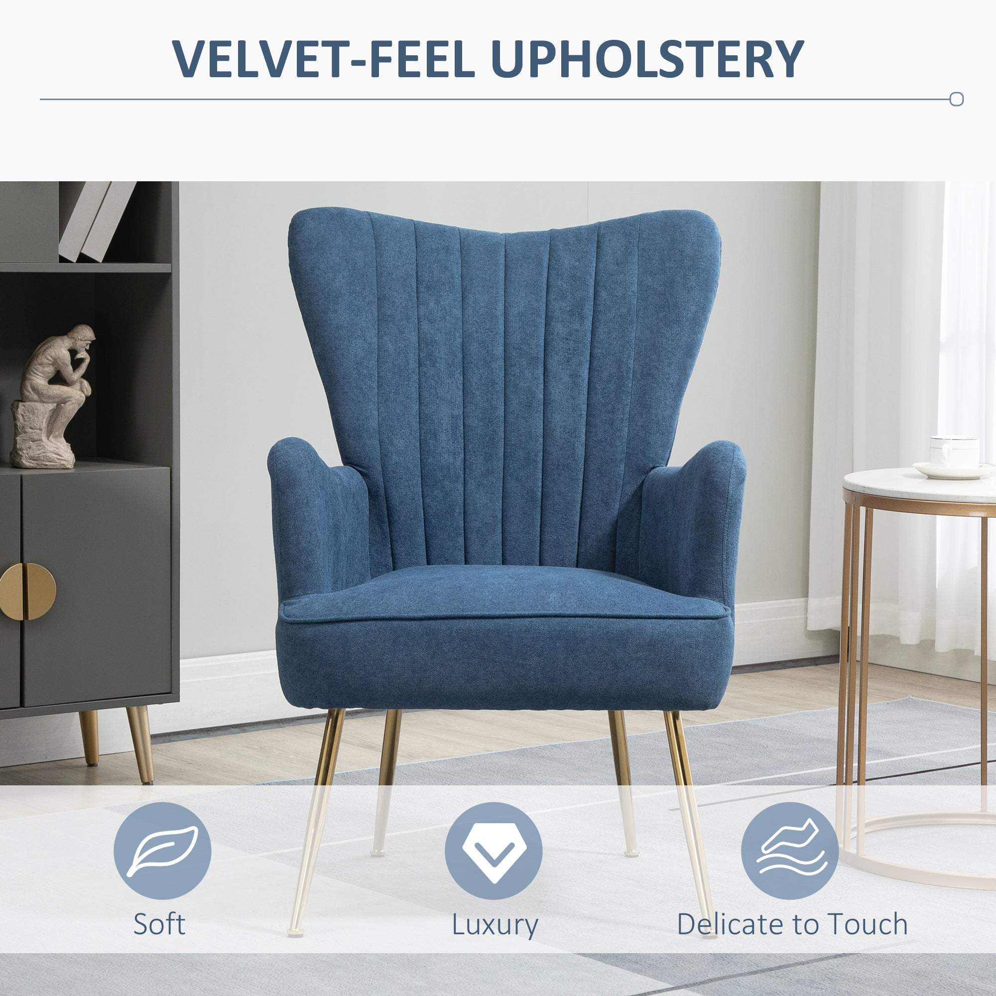 HOMCOM Velvet Accent Chairs, Modern Living Room Chair, Tall Back Leisures Chair with Steel Legs for Bedroom, Dinning Room, Waiting Room, Blue