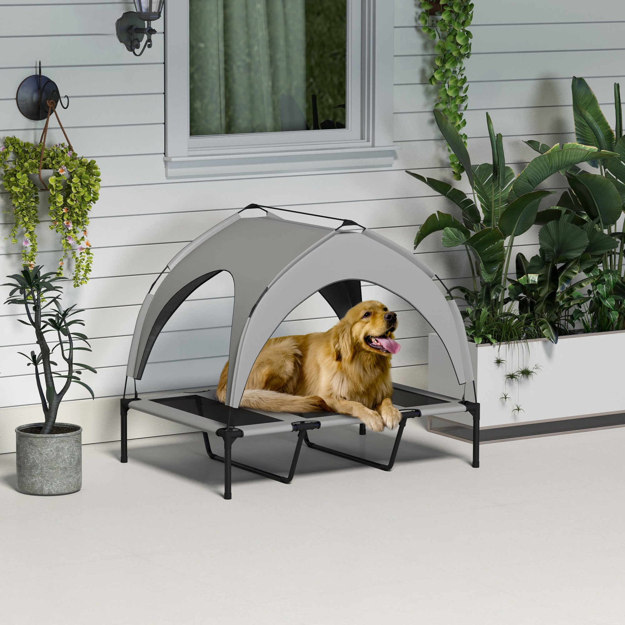 PawHut Cooling Raised Dog Bed, Elevated Pet Bed with Breathable Mesh, UV Protection Canopy, Foot Pads, for Indoor Outdoor, Large Dogs, 106 x 76 x 94cm - Light Grey
