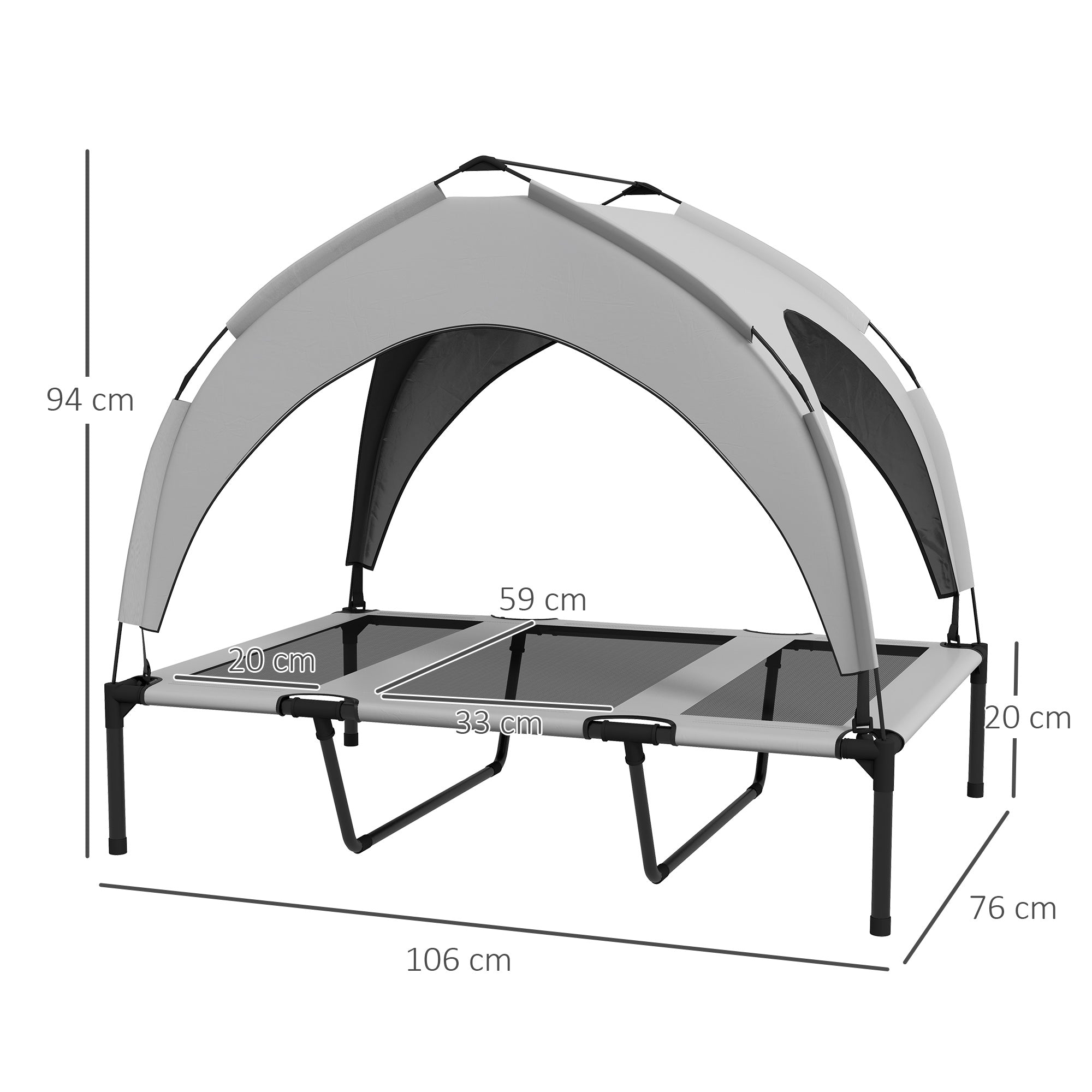 PawHut Cooling Raised Dog Bed, Elevated Pet Bed with Breathable Mesh, UV Protection Canopy, Foot Pads, for Indoor Outdoor, Large Dogs, 106 x 76 x 94cm - Light Grey