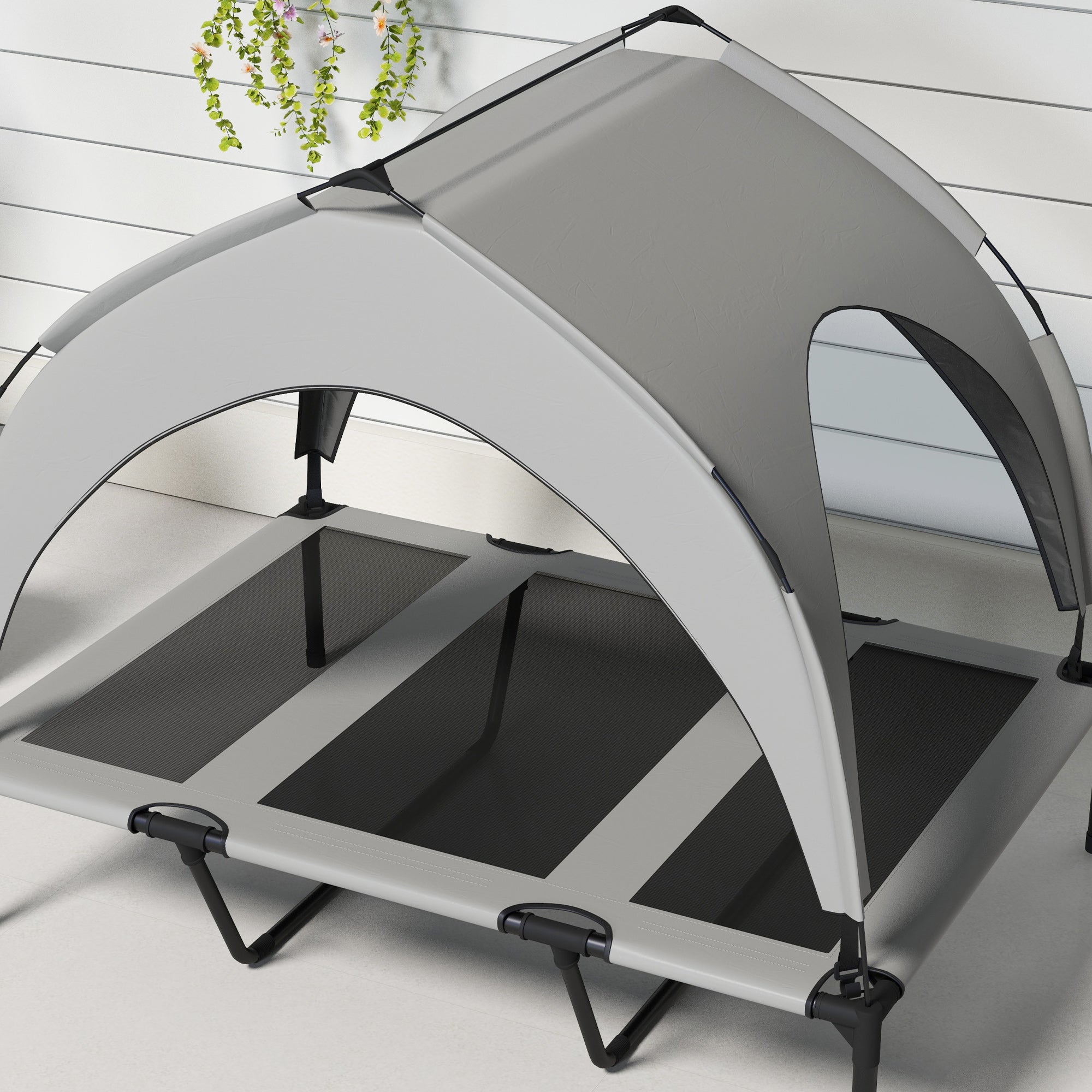 PawHut Cooling Raised Dog Bed, Elevated Pet Bed with Breathable Mesh, UV Protection Canopy, Foot Pads, for Indoor Outdoor, Large Dogs, 106 x 76 x 94cm - Light Grey