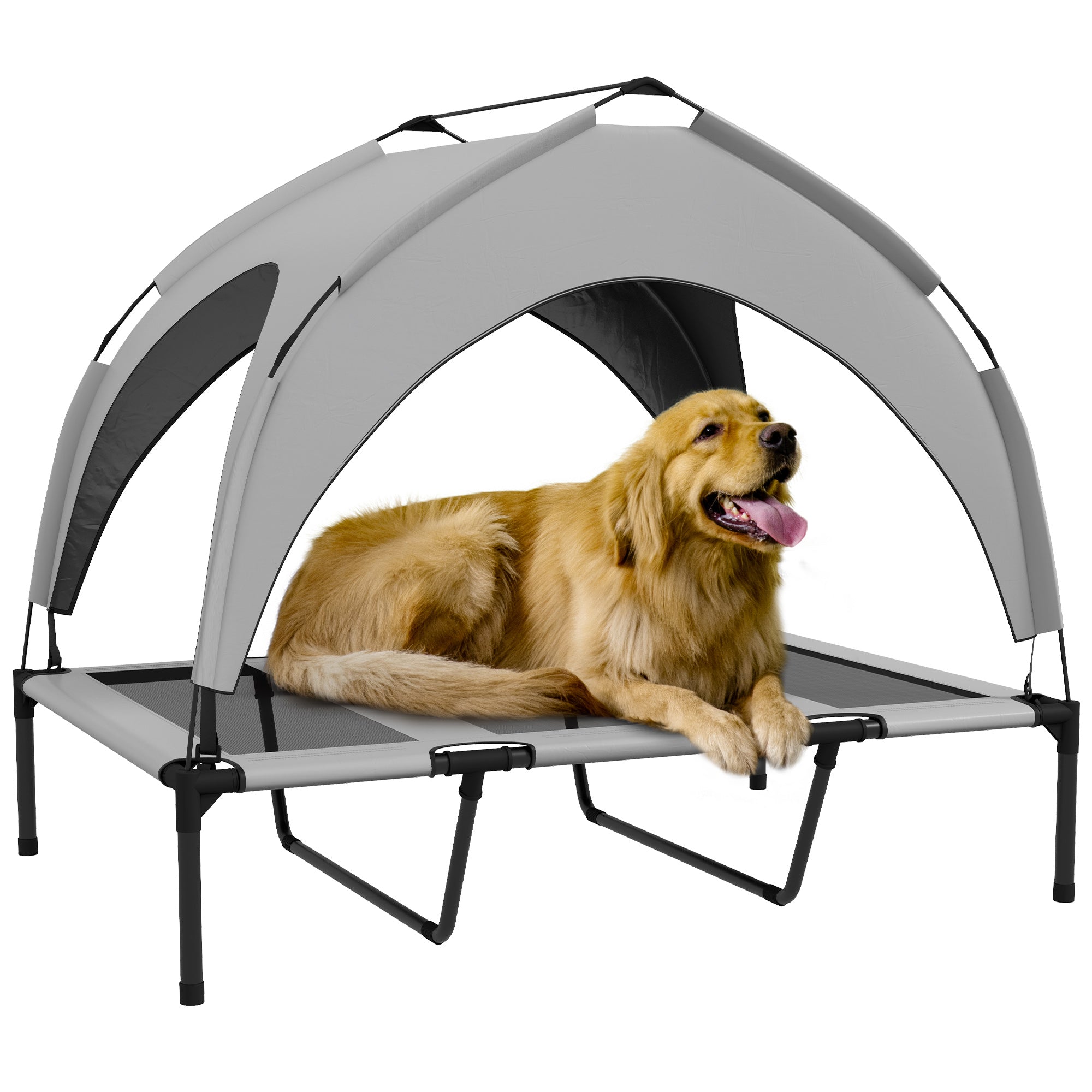 PawHut Elevated Dog Bed with Canopy, Cooling Dog Cot Bed for Camping, Portable Raised Pet Cot with Washable Breathable Mesh, for Indoor Outdoor, Large Dogs, 42" x 30" x 37", Grey