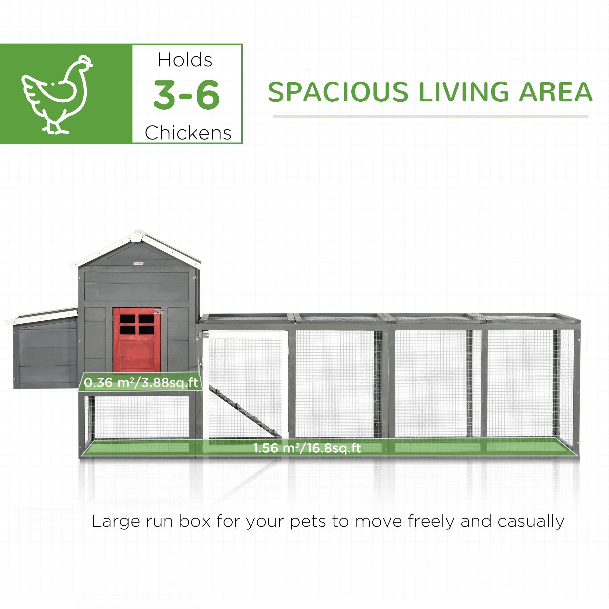 PawHut 118" Extra Large Chicken Coop with Asphalt Roof, Wooden Hen Run with Slide-Out Tray and Nesting Box, Chicken Hutch for 3-6 Chickens, Gray