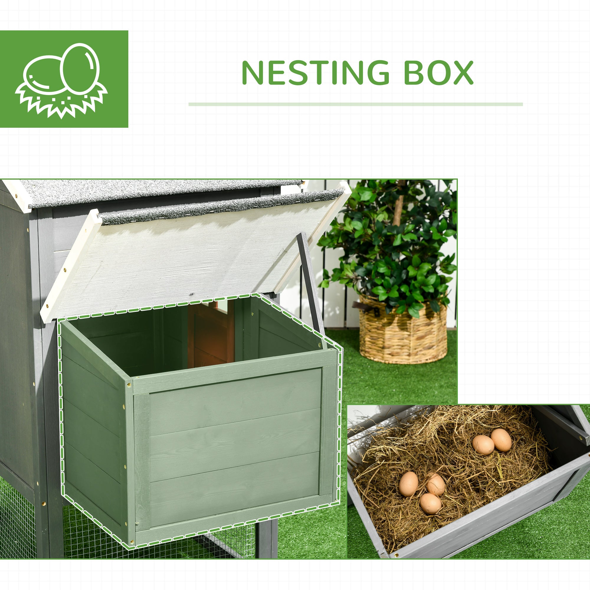 PawHut 118" Extra Large Chicken Coop with Asphalt Roof, Wooden Hen Run with Slide-Out Tray and Nesting Box, Chicken Hutch for 3-6 Chickens, Gray