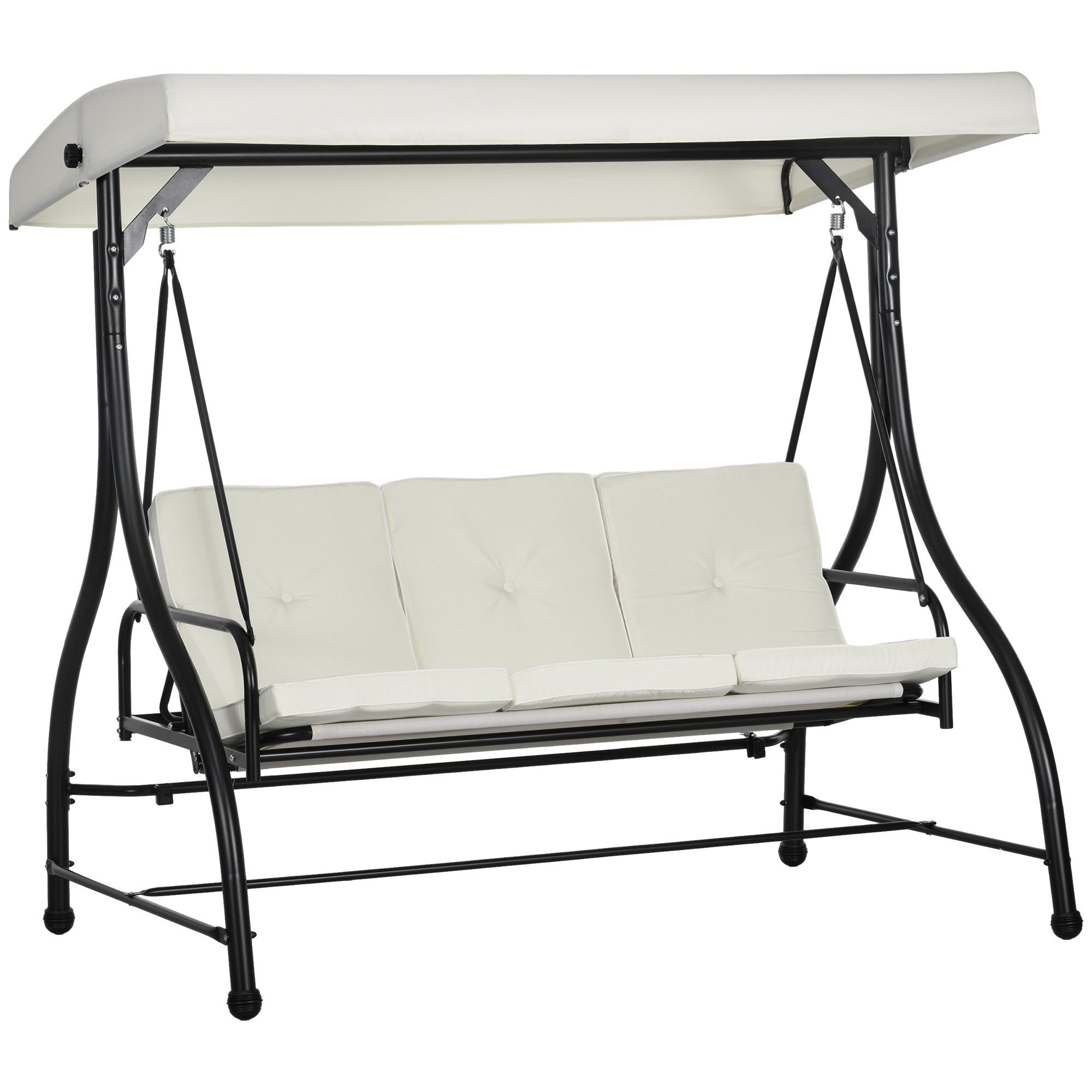 Outsunny 3 Seater Patio Swing Chair Convertible Cushioned Porch Swing Bed Outdoor Swing with Canopy Cream White