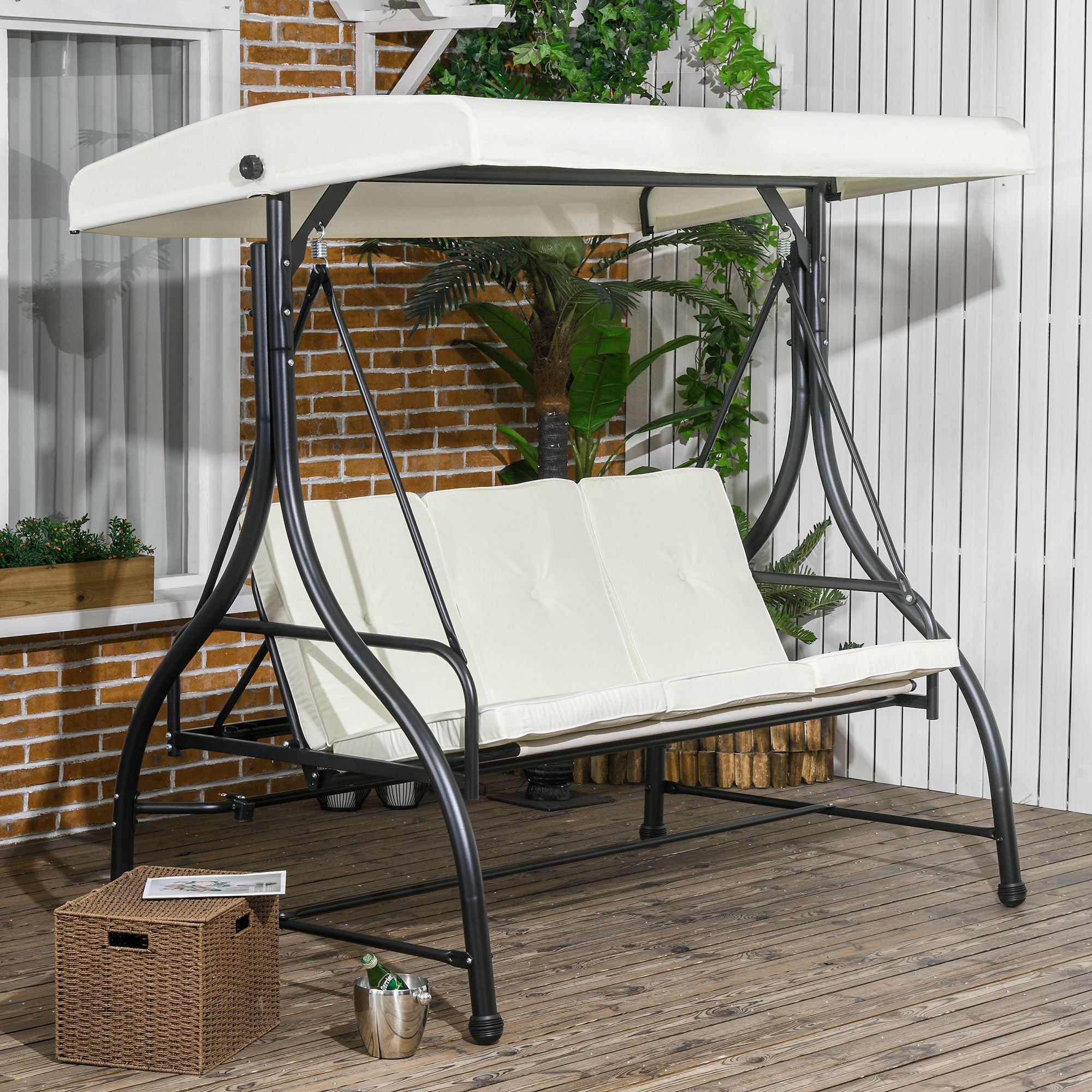 Outsunny 3 Seater Patio Swing Chair Convertible Cushioned Porch Swing Bed Outdoor Swing with Canopy Cream White