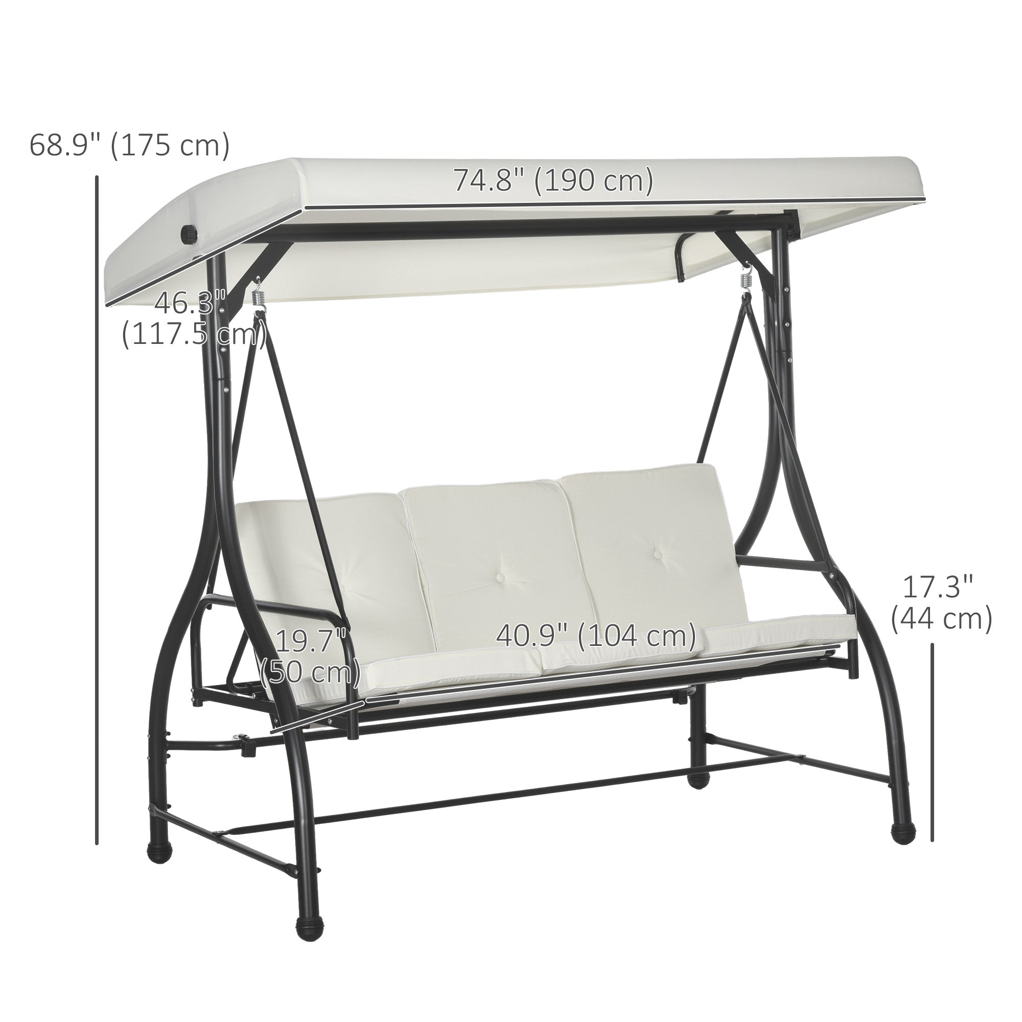 Outsunny 3 Seater Patio Swing Chair Convertible Cushioned Porch Swing Bed Outdoor Swing with Canopy Cream White